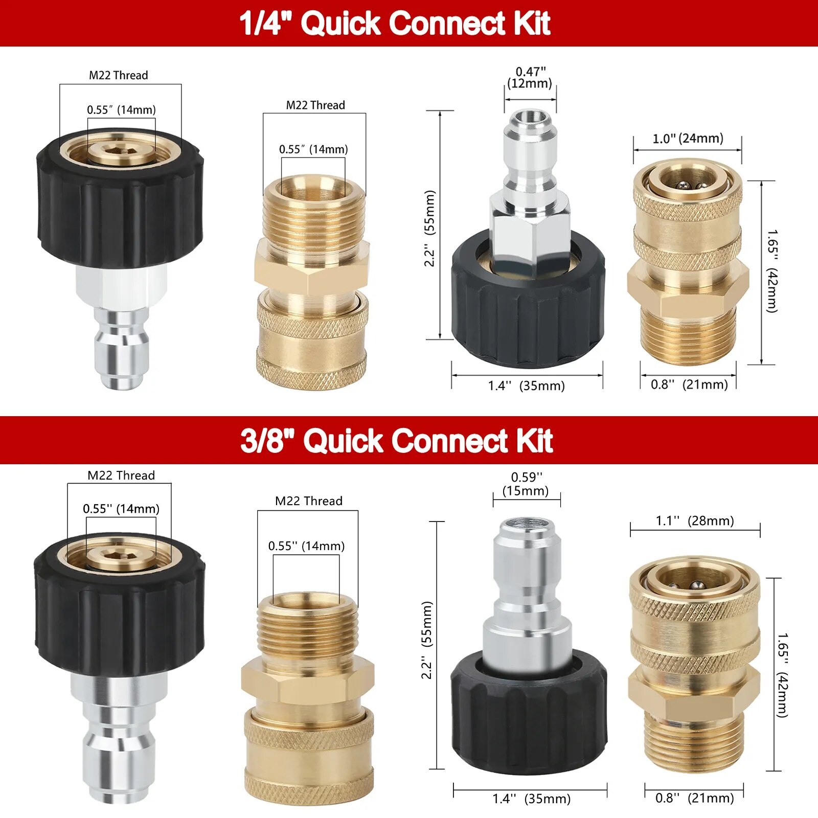 High Pressure Washer Adapter Set Quick Connector M22 (M22-14MM) to 3/8” & 1/4”