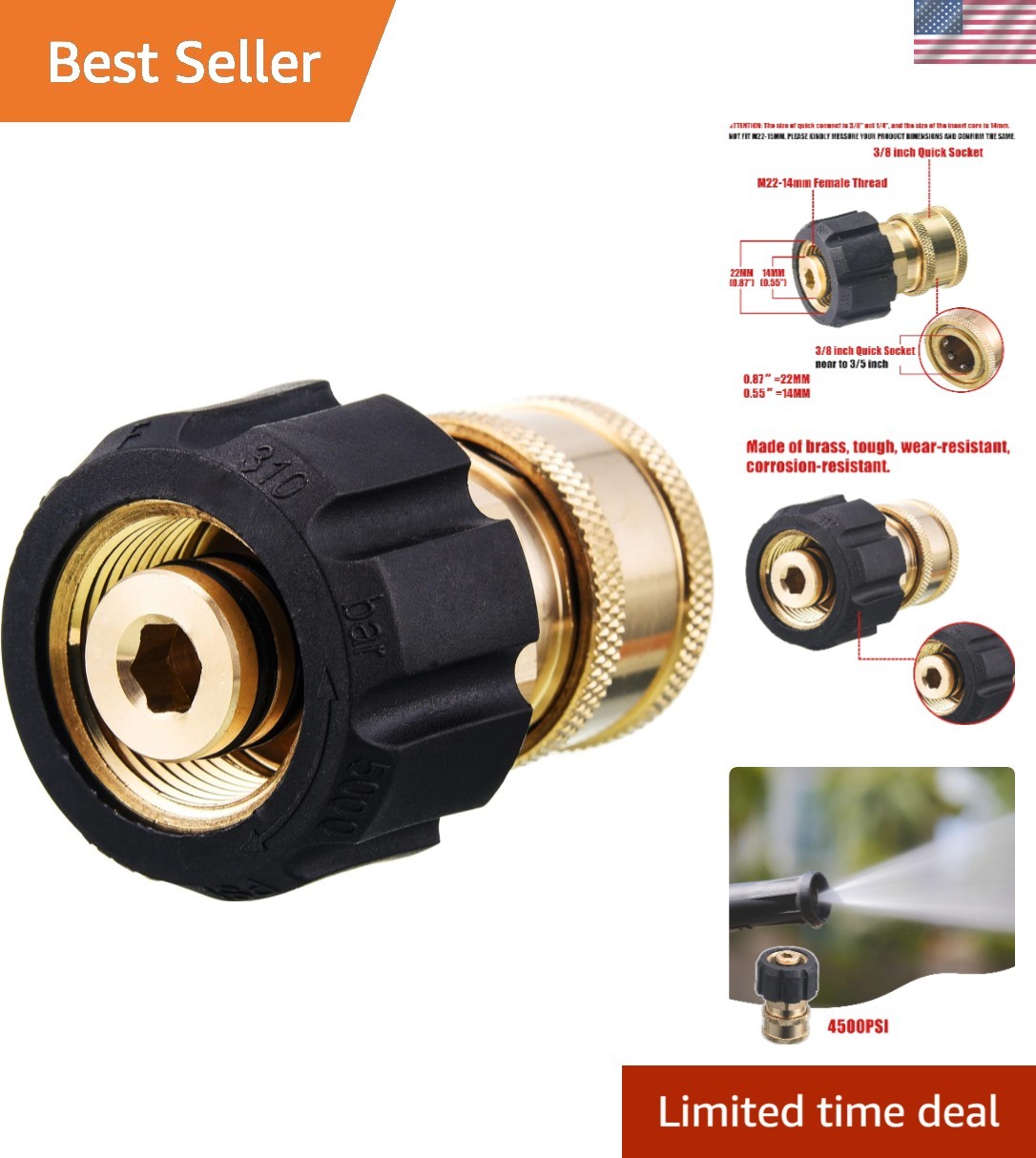 5000 PSI Quick Connect Adapter: 3/8 Inch Socket to M22 14mm Fitting for Washers