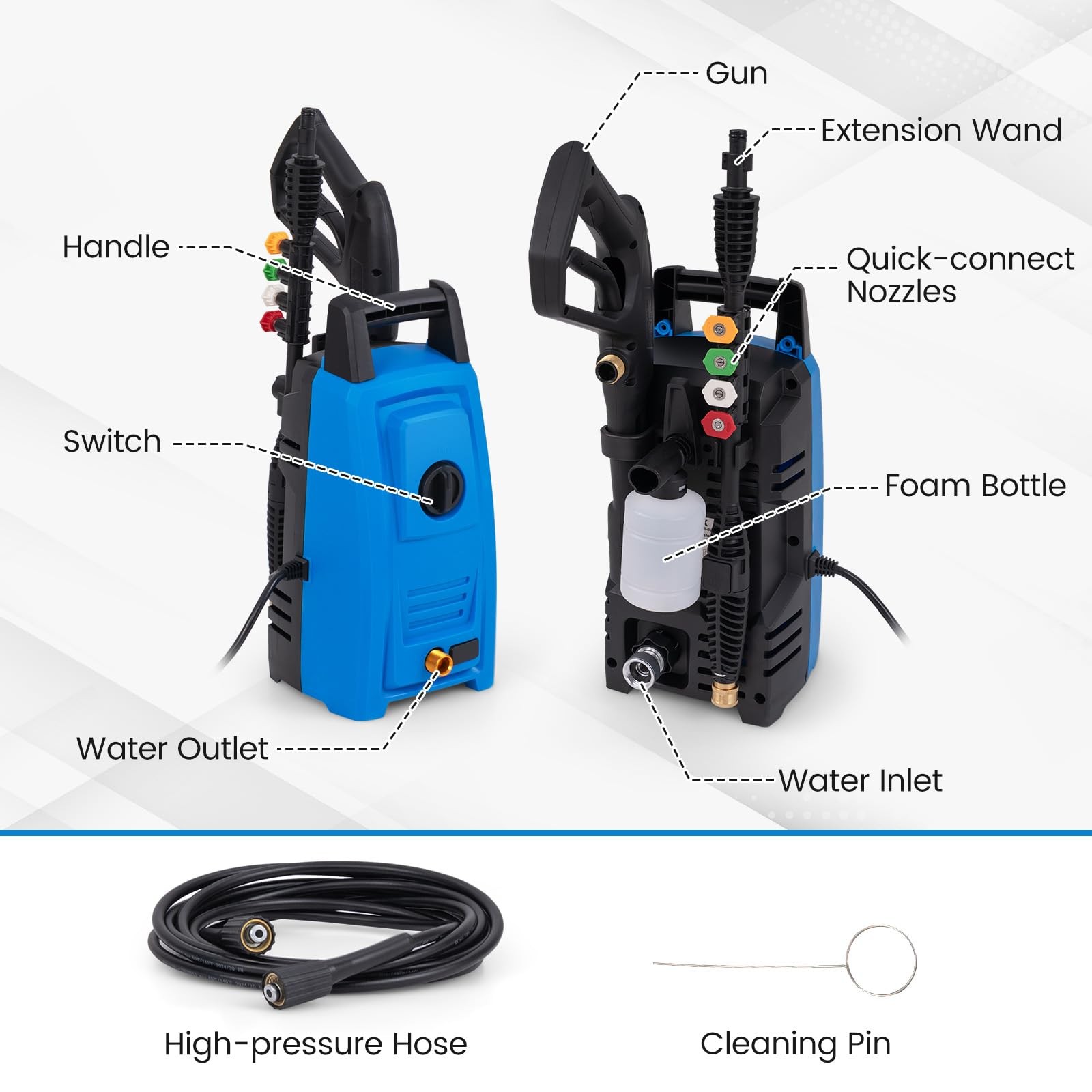 Costway Electric Pressure Washer Max 1900 Psi 1.8 Gpm Power Washer 4 Nozzles