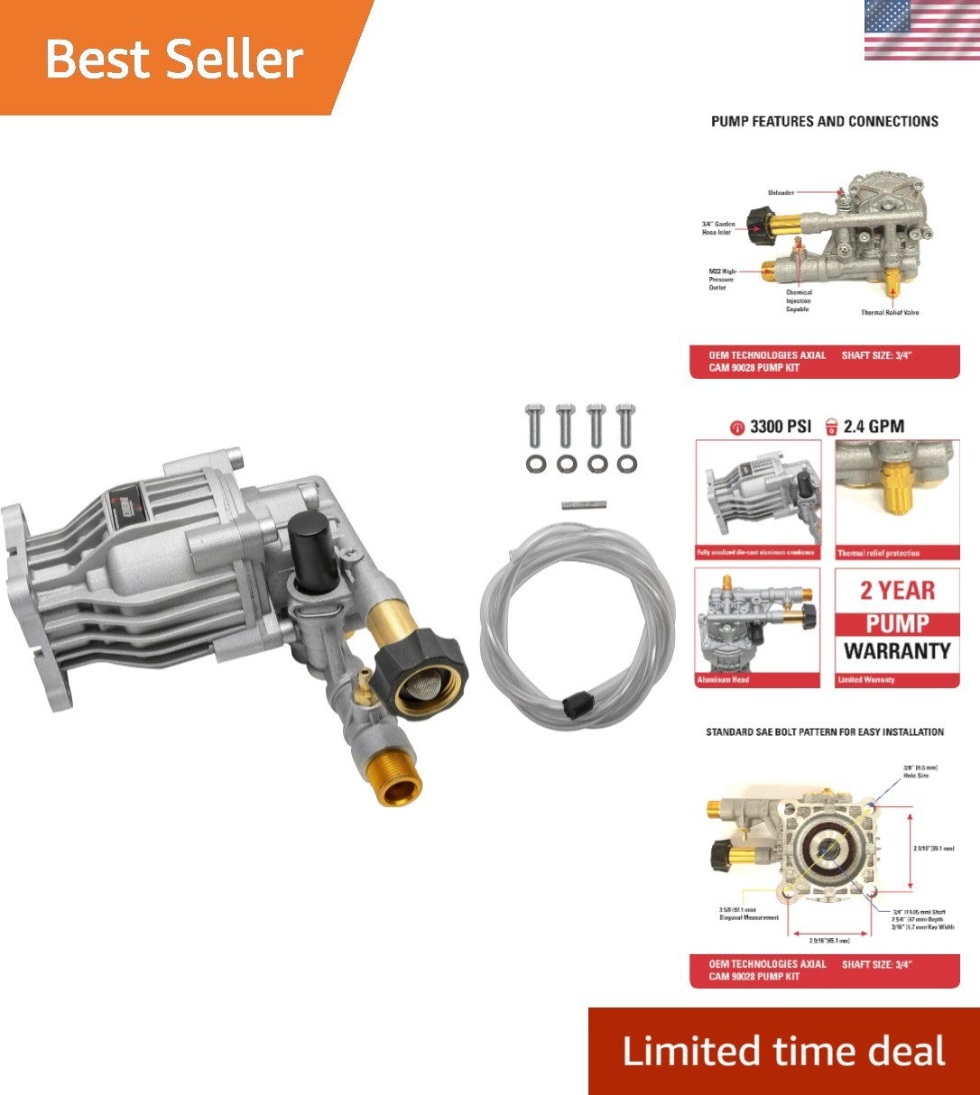 3300 PSI Pressure Washer Pump Kit, Includes Siphon Tube & Hardware, Easy Install