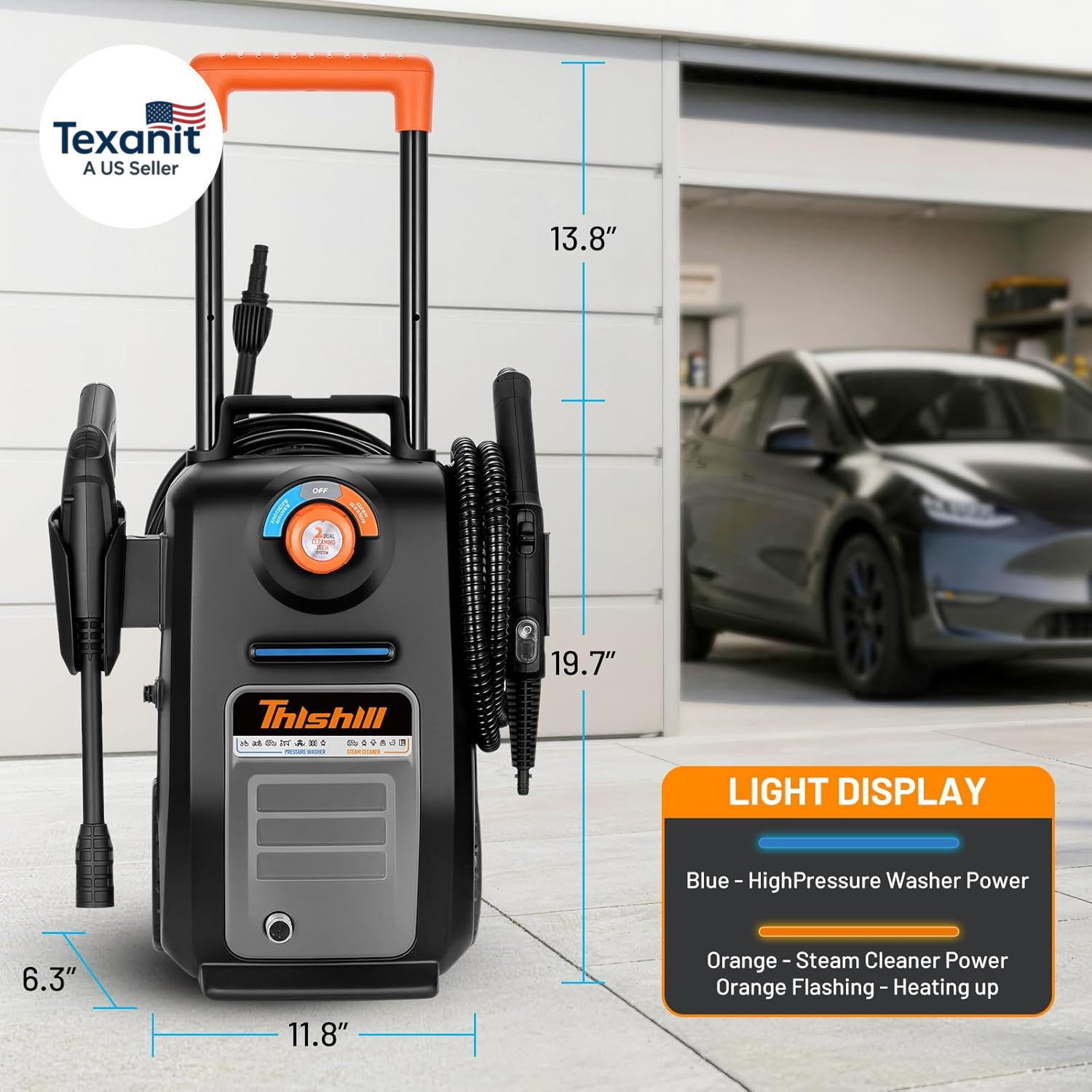 2 in 1 Pressure Washer & Steam Cleaner, 2GPM 3000PSI with High Pressure Cleaner,