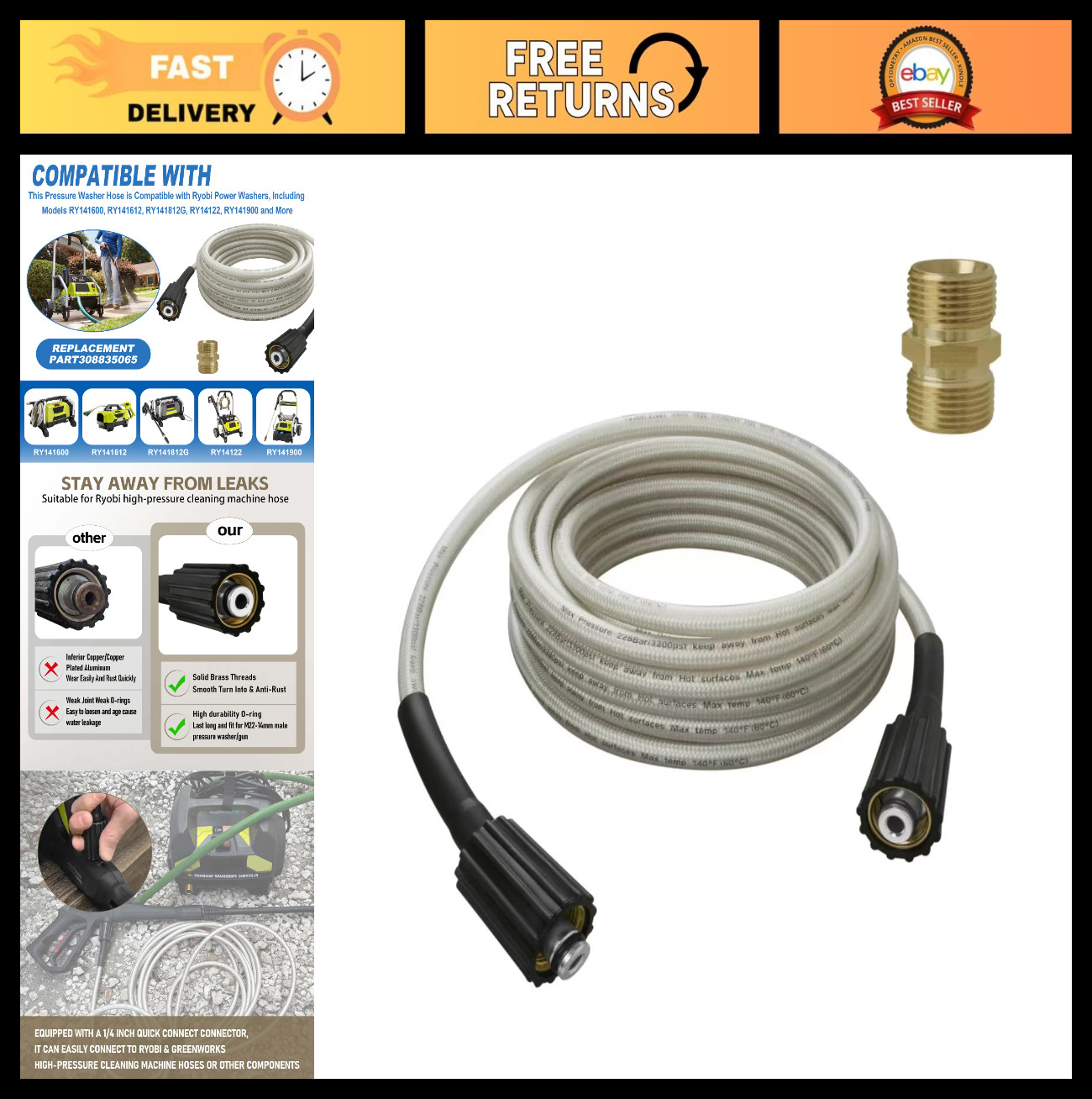 Durable 25ft Pressure Washer Hose, Anti-Kink Design, Replacement for RY14122 & R