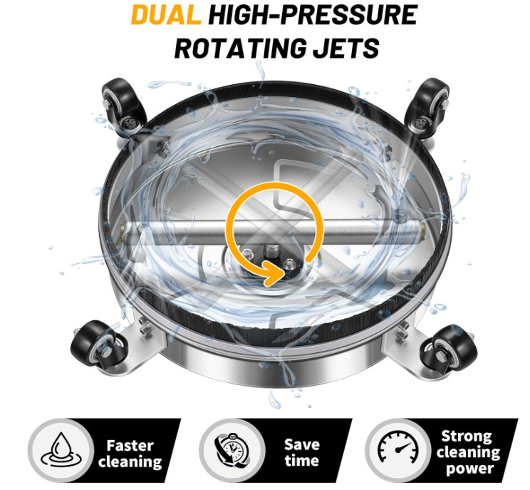 Limpiador de superficies 14″ con 4 ruedas para hidrolimpiadora, acero inoxidable