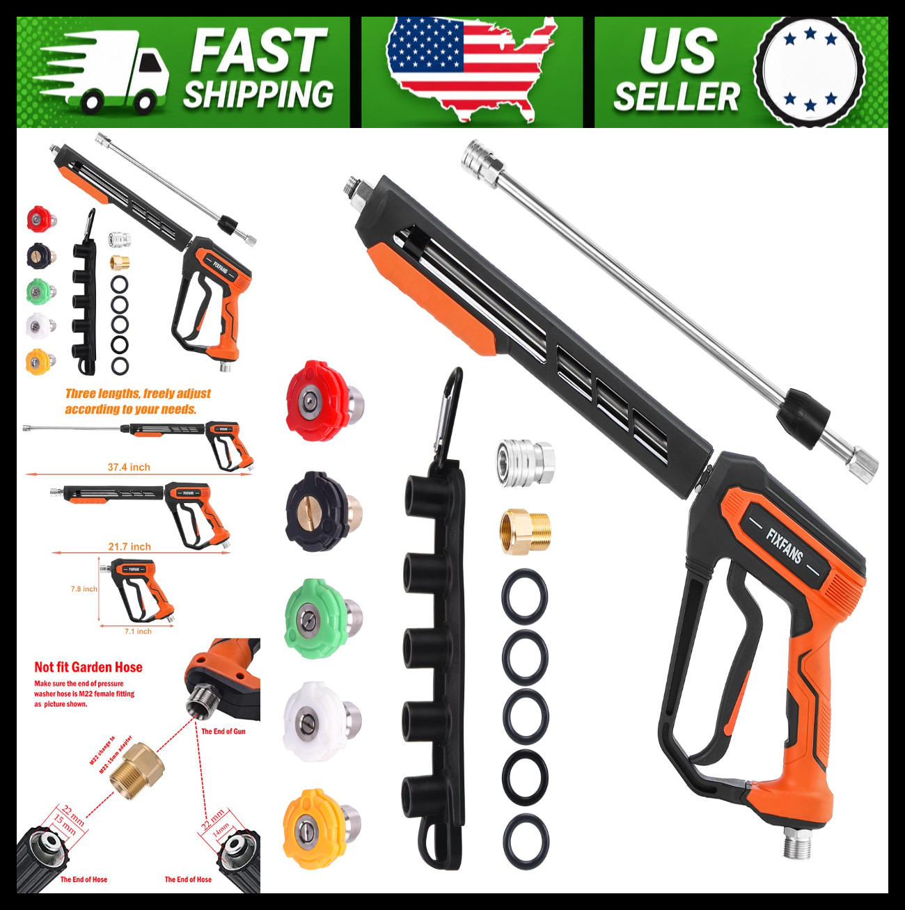 FIXFANS Pressure Washer Gun Kit with Wand, 5 Nozzle Tips, M22, Quick Connect