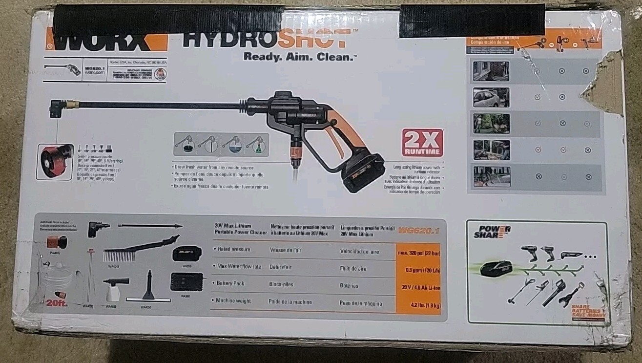 👀》🔥Worx Hydroshot 20 V Portable Power Cleaner, Accessories》WG620.1》320 PSI 🆕️