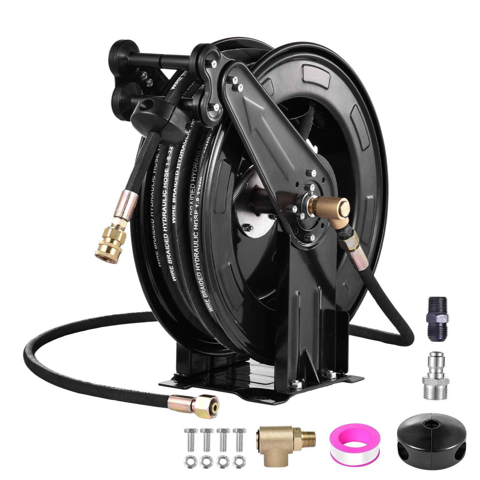 Retractable Power Pressure Washer Hose Reel 3/8″ x 50 ft, 4000PSI w/ 50ft Hose