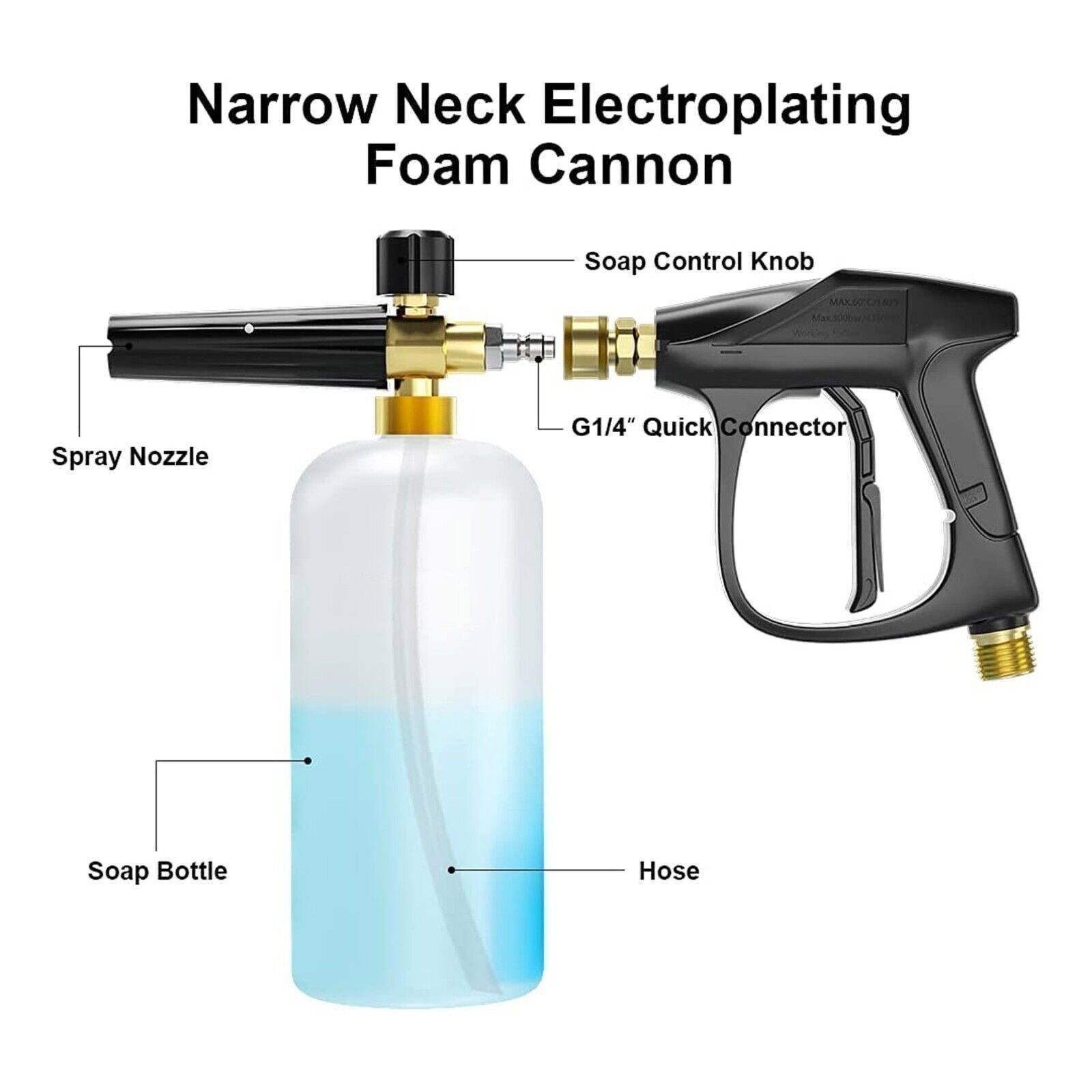 1/4″ Snow Foam Pressure Washer Gun Car Wash Soap Lance Cannon Spray Jet Bottle