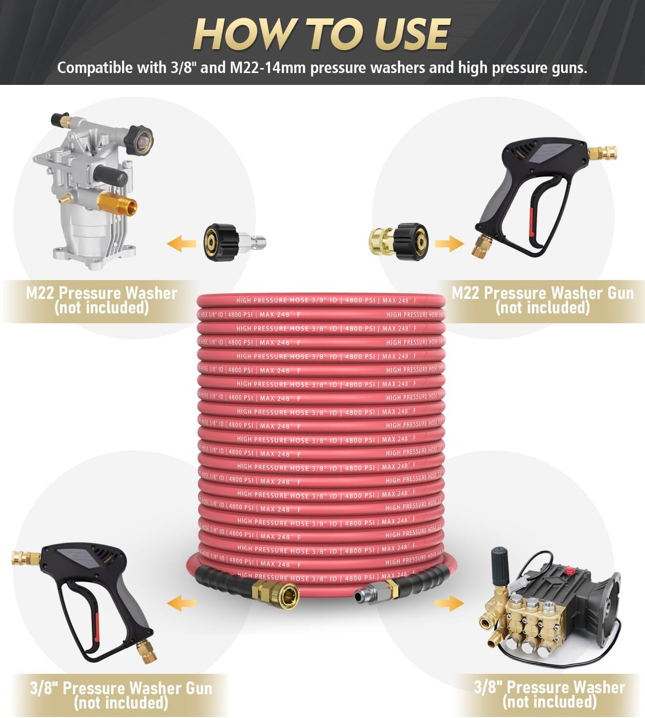 3/8″ 4800PSI Pressure Washer Hose 100FT with 360° Swivel Quick Connect, Flexible