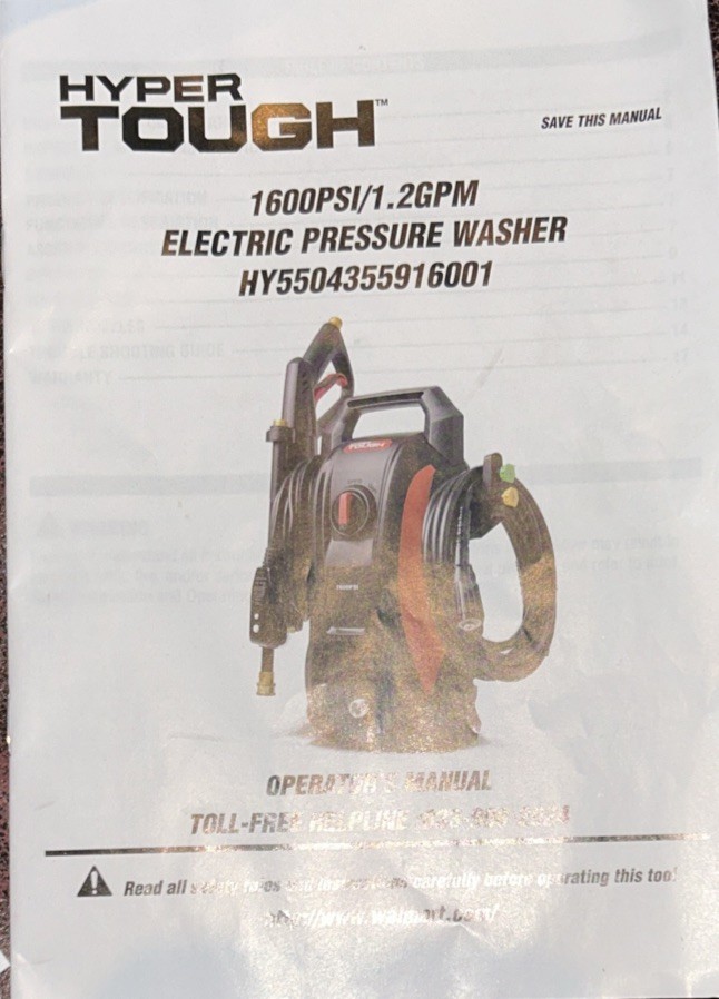 Hyper Tough Electric Pressure Washer 1600PSI Operator’s Manual With Key Pin