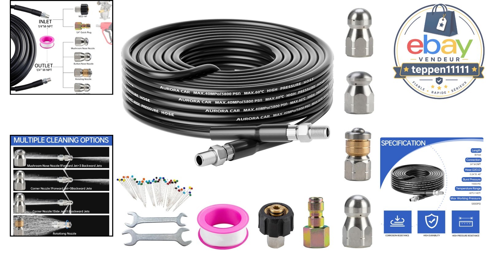 Sewer Jetter Kit 30 FT 1/4 Inch NPT 5800PSI Drain Cleaner Hose