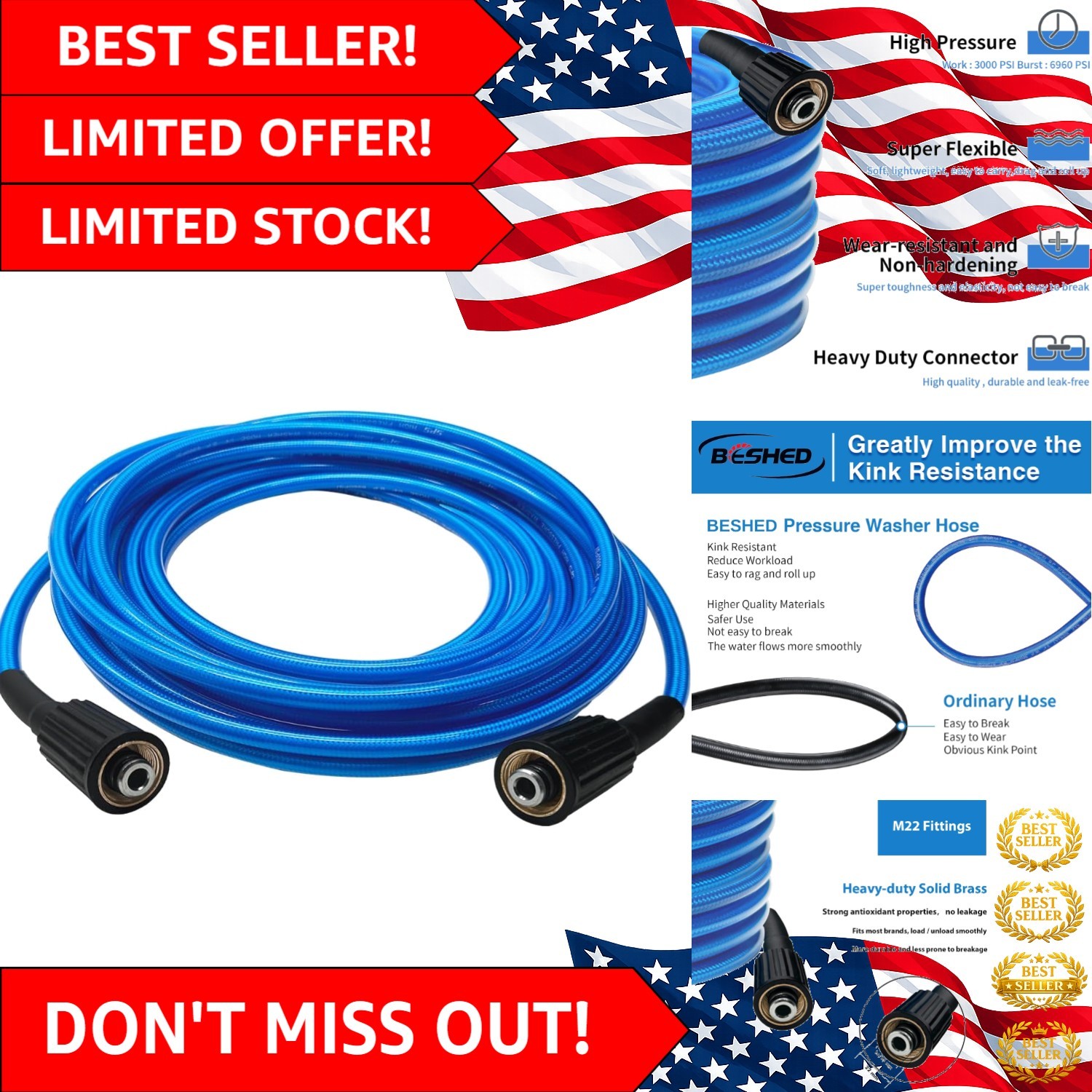 Durable 25 FT Kink Resistant Pressure Washing Hose – 3000 PSI, M22 Compatible