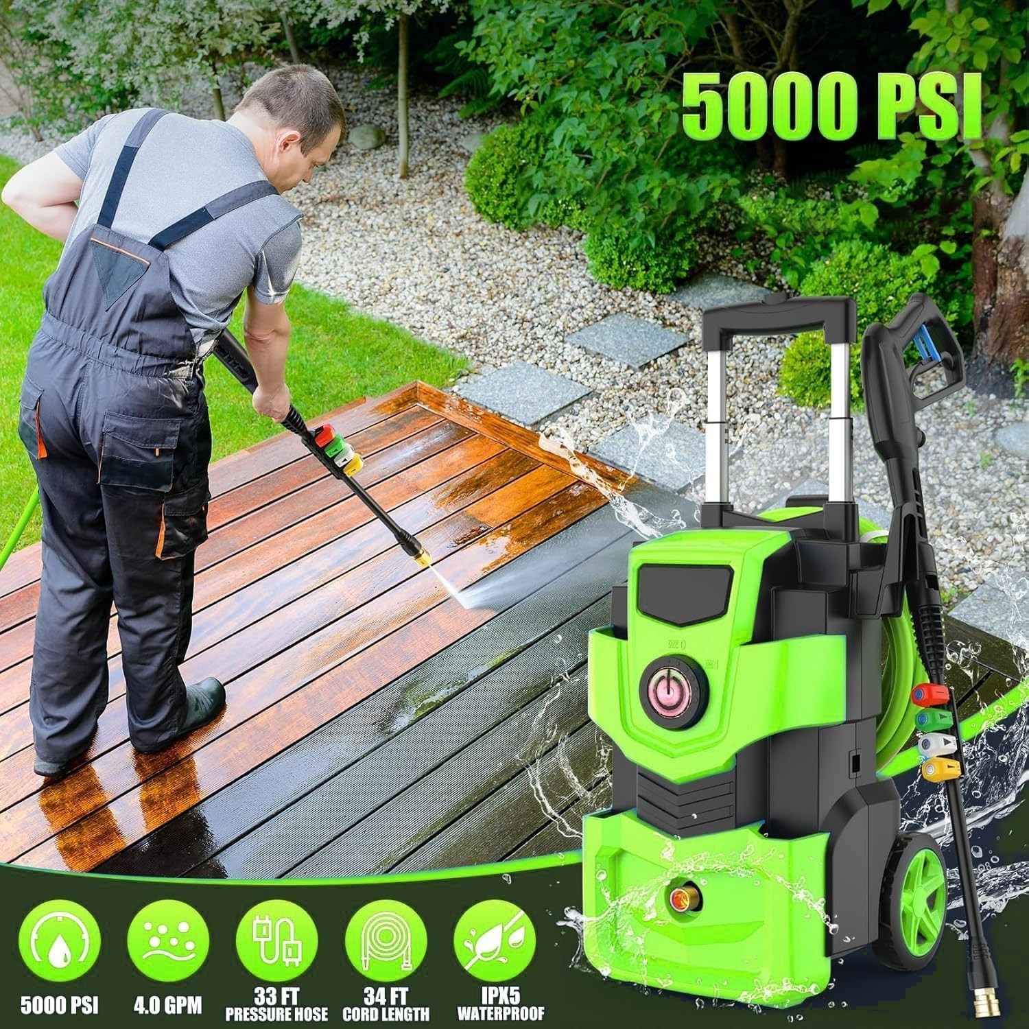 **5000 PSI Electric Pressure Washer 4.0 GPM 33FT Hose Foam Cannon 4 Nozzles Gree