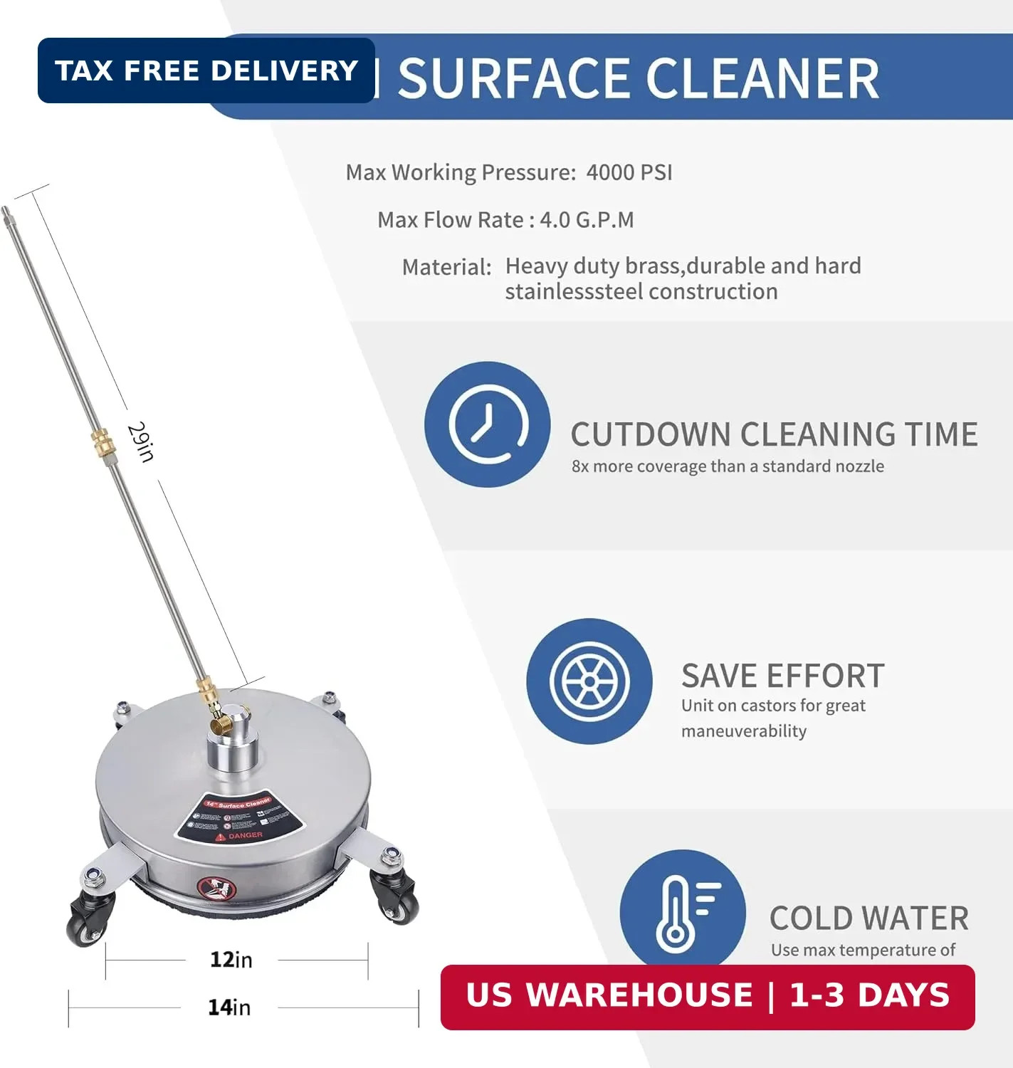 Biswing 14″ Pressure Washer Surface Cleaner with 4 Wheels, Stainless Steel Power