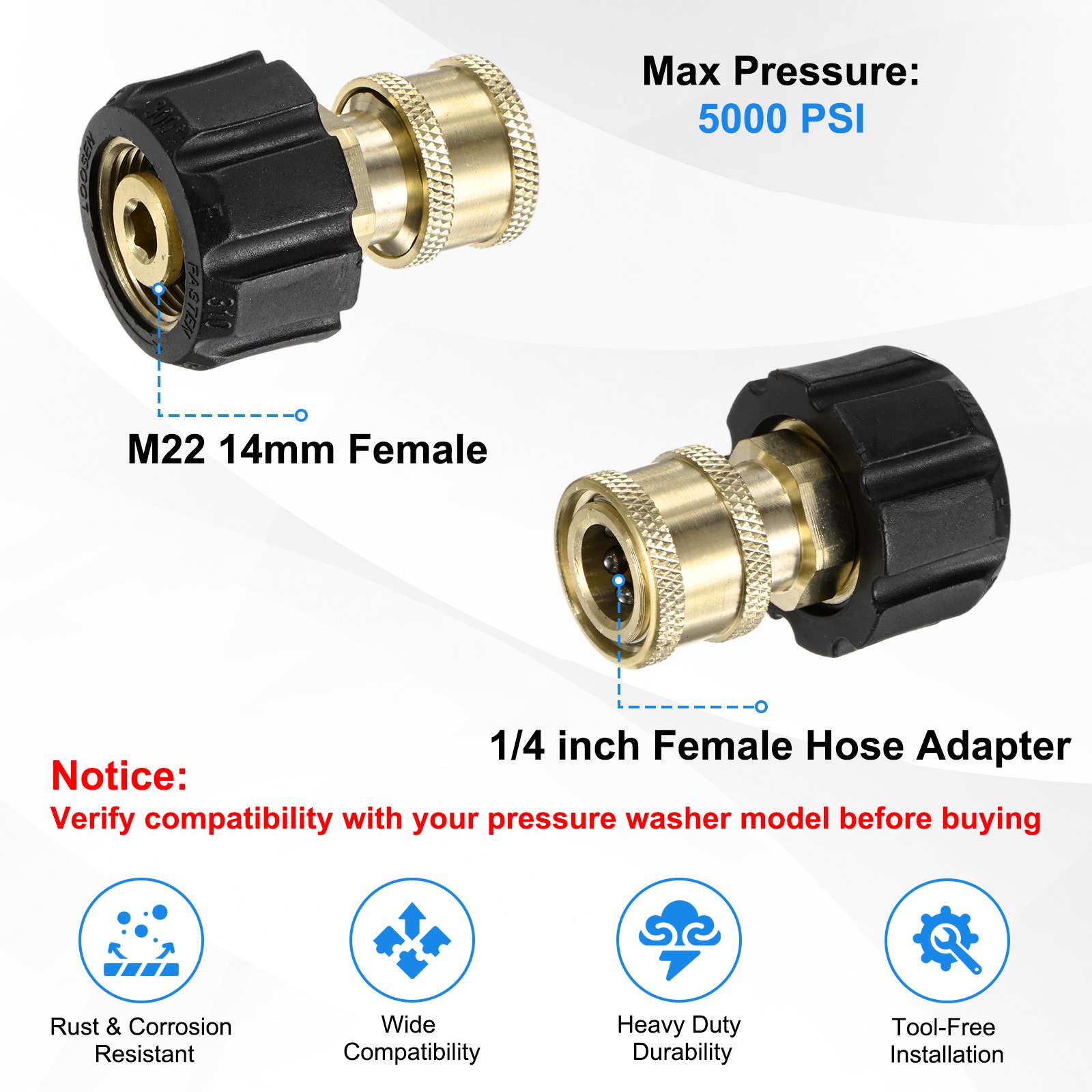 1-Pack M22 14mm Female to 1/4 Inch Female Pressure Washer Quick Connect Fittings