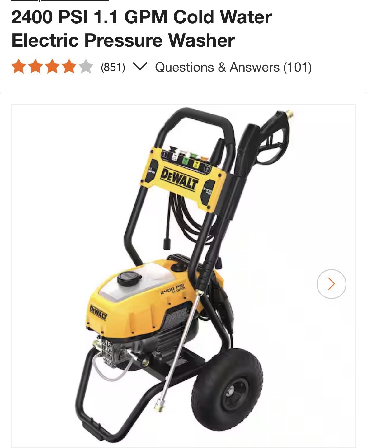DeWALT DWPW2400 2400 PSI 1.1 GPM Cold Water Electric Pressure Washer w/ Nozzles