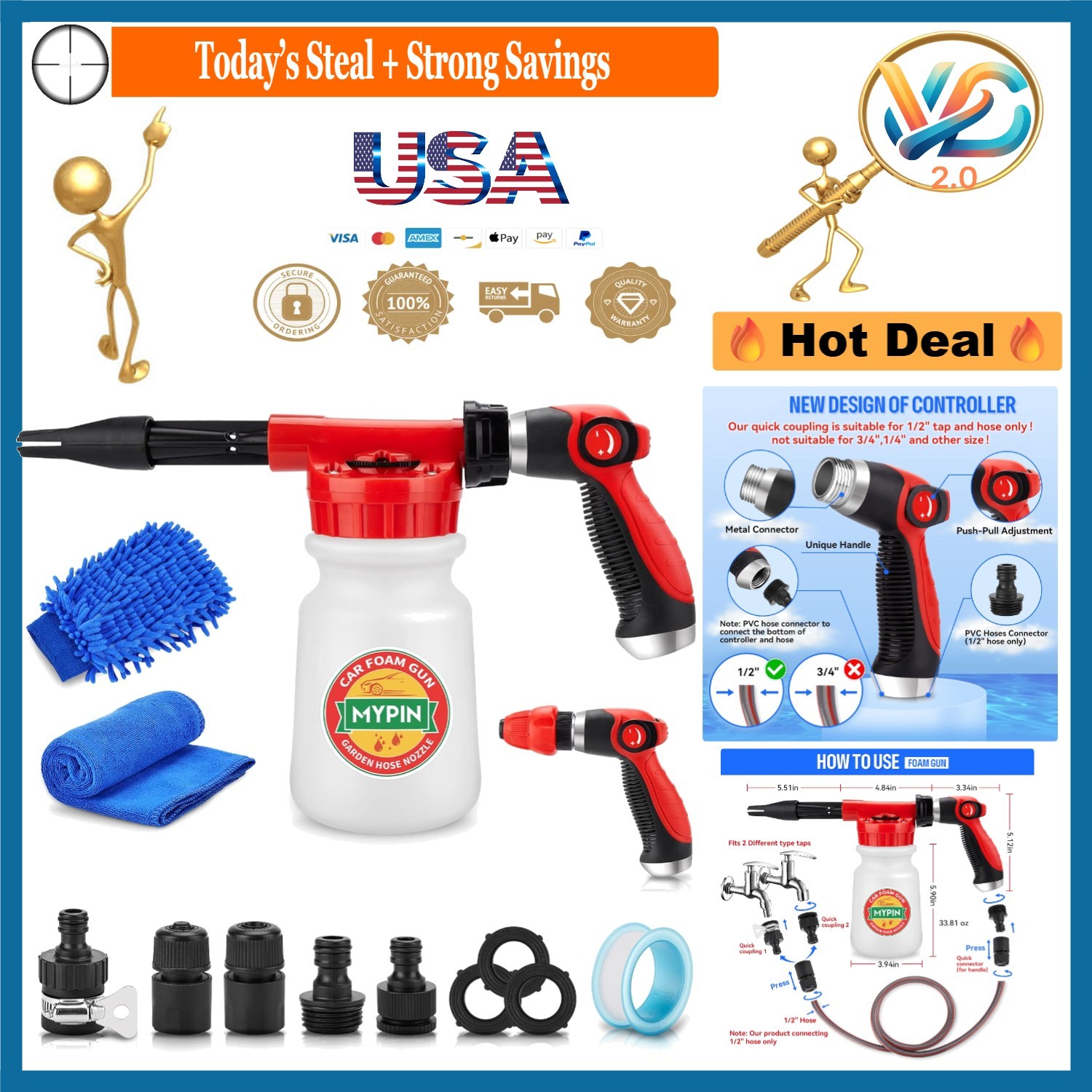 16 in 1 Car Wash Foam Gun Hose Sprayer with Quick Connect Garden Watering