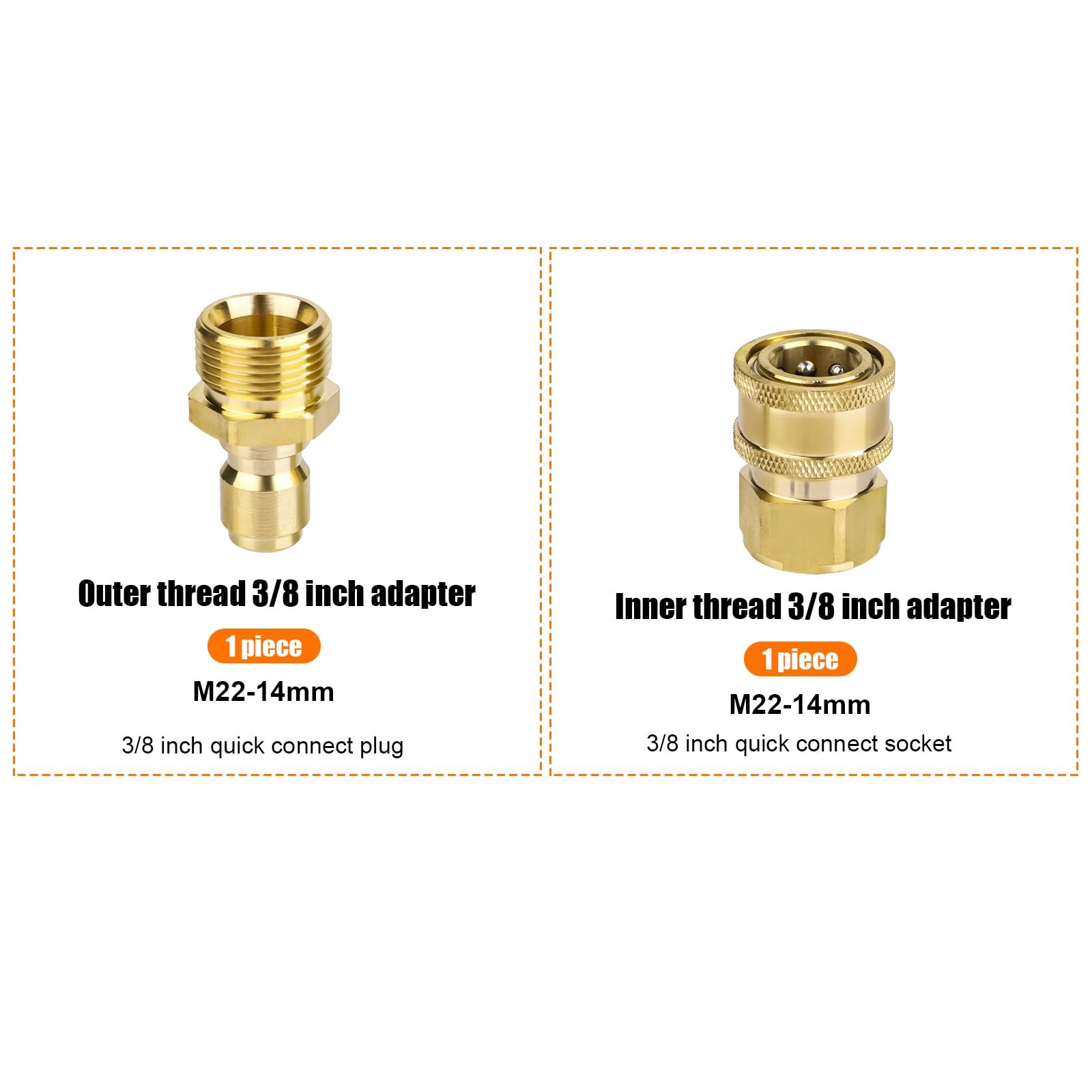 2 PCS M22 14mm To 3/8 Inch Pressure Washer Adapter Set Brass 5000 PSI Kit