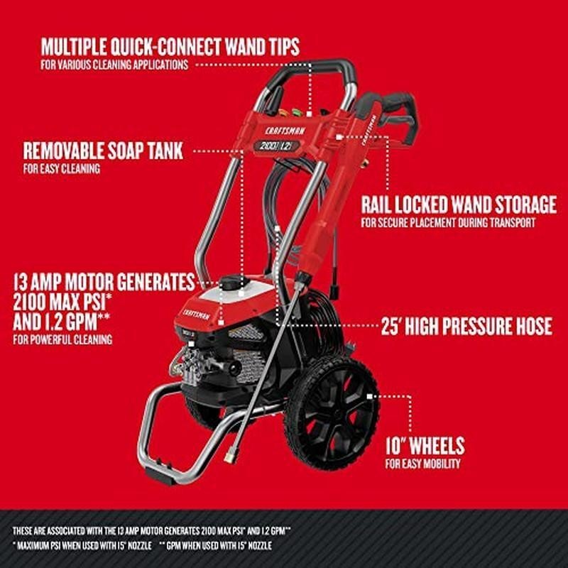Electric Pressure Washer 2100 PSI 1.2 GPM Integrated Soap Tank Onboard Storage