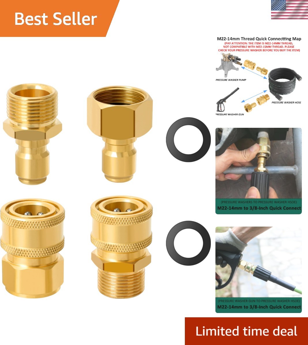 Pressure Washer Quick Connect Kit, M22 14mm to 3/8 Inch Hose Quick Connect Fi…