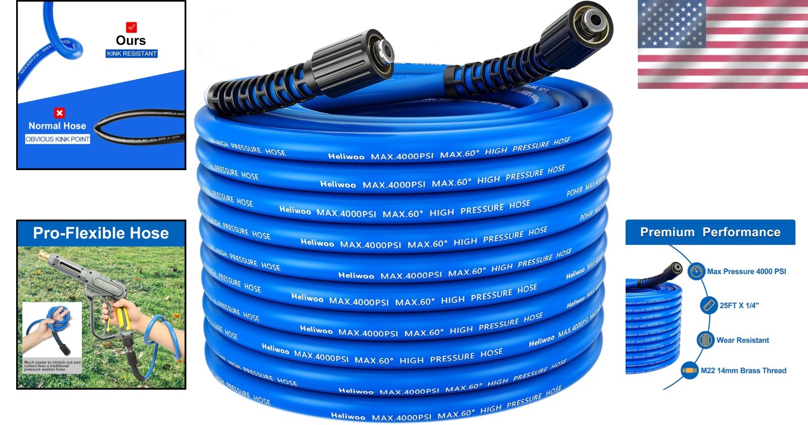 25FT Kink Resistant Pressure Washer Hose – Max 4000 PSI, Universal M22 Fittings