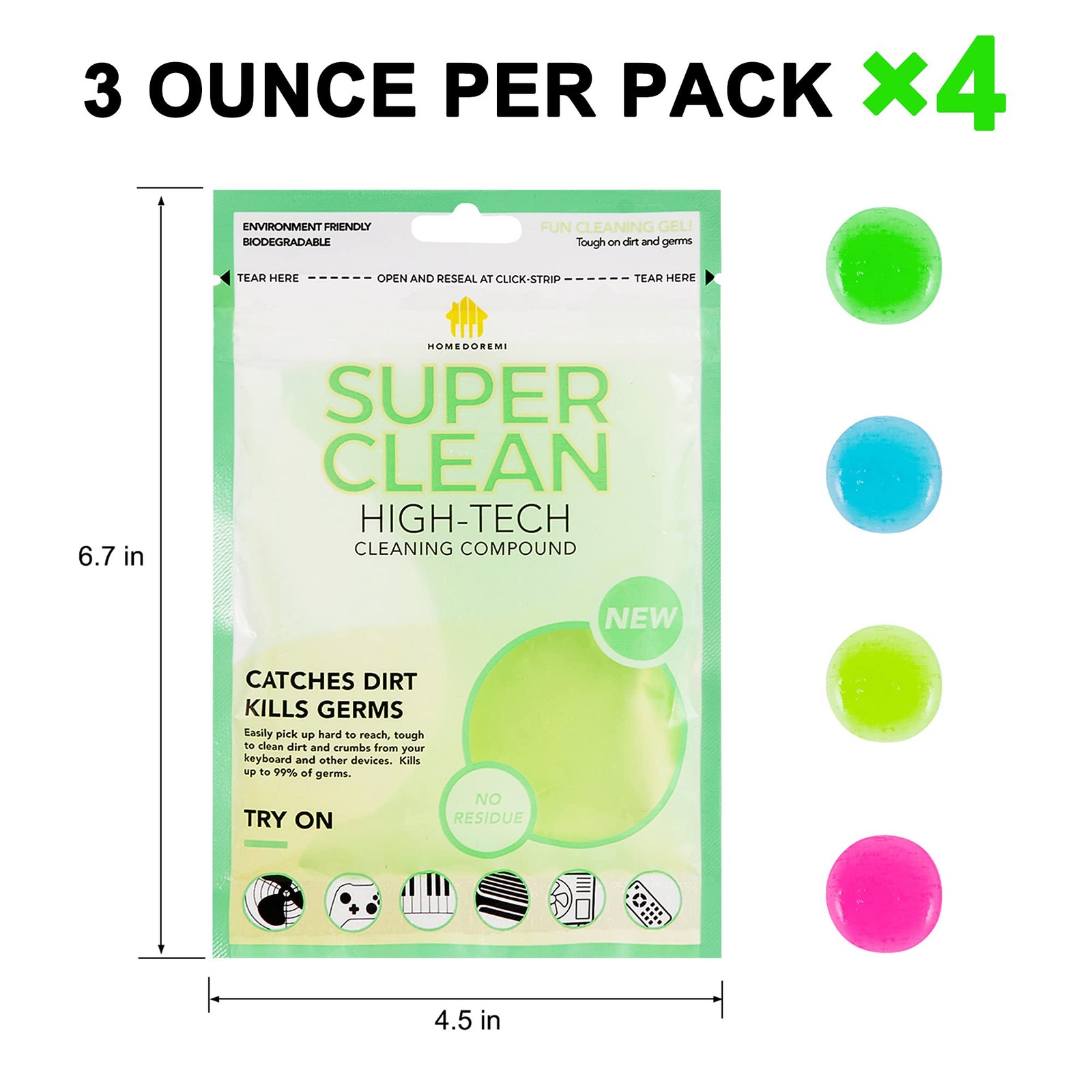 Car Cleaning Gels 4-Pack, 4 Count (Pack of 1), Blue,Yellow,Green,Pink