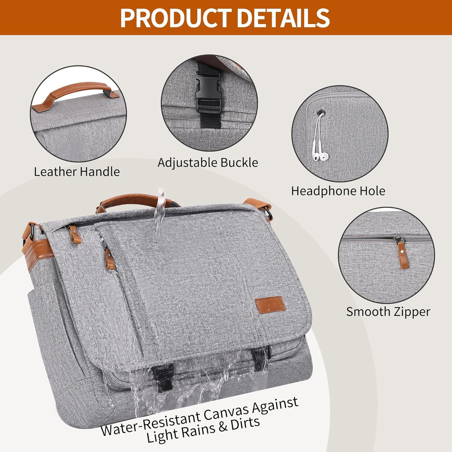 Mens Messenger Bag 17-17.3″ Laptop Canvas Water Resistant Work Grey