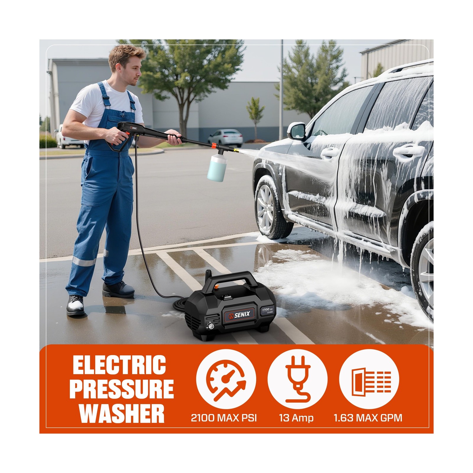 SENIX 13 Amp Electric Pressure Washer – 1700 PSI, 1.2 GPM, Compact with Foam …