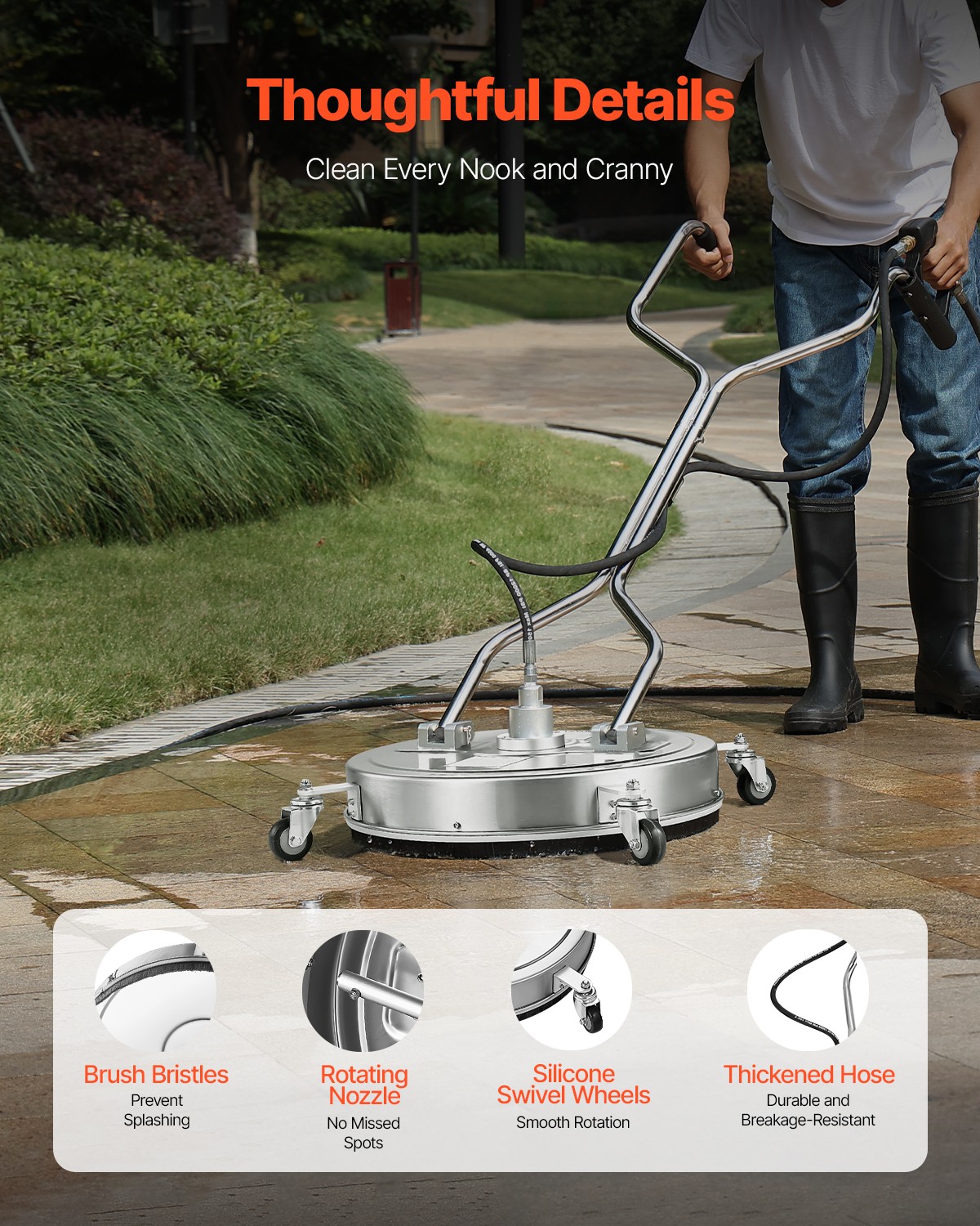 22″ Pressure Washer Surface Cleaner 4 Wheels Dual Handle 4500 Max PSI