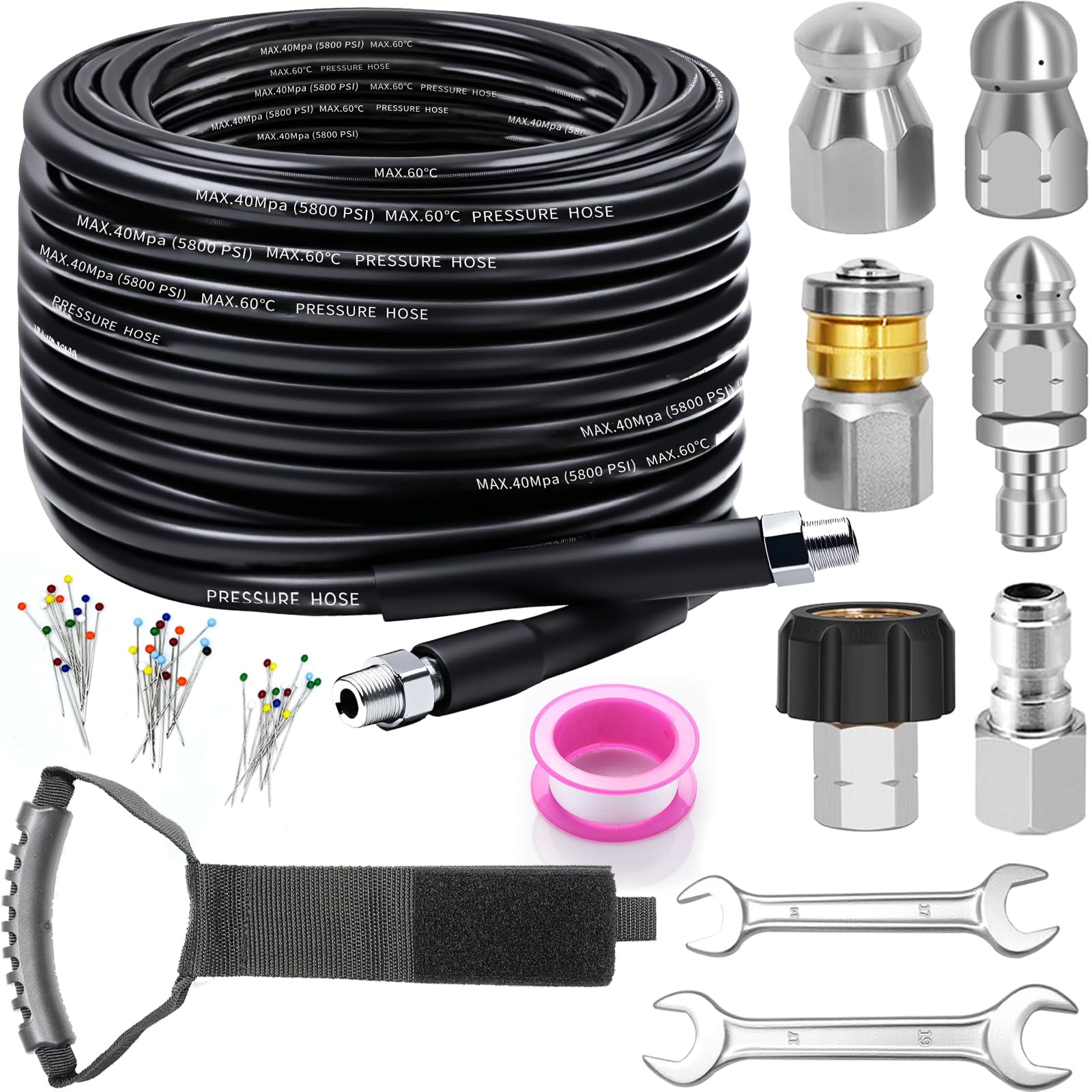 Sewer Jetter Kit 100FT 5800PSI 1/4 Inch NPT 4 Button Nose Nozzles Black