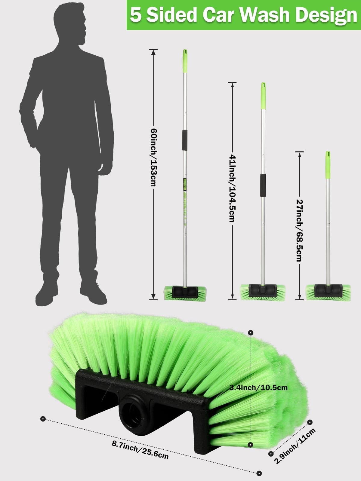 Jisejima Five-Sided Car Wash Brush with Long Handle，Soft Bristle Scrub Green