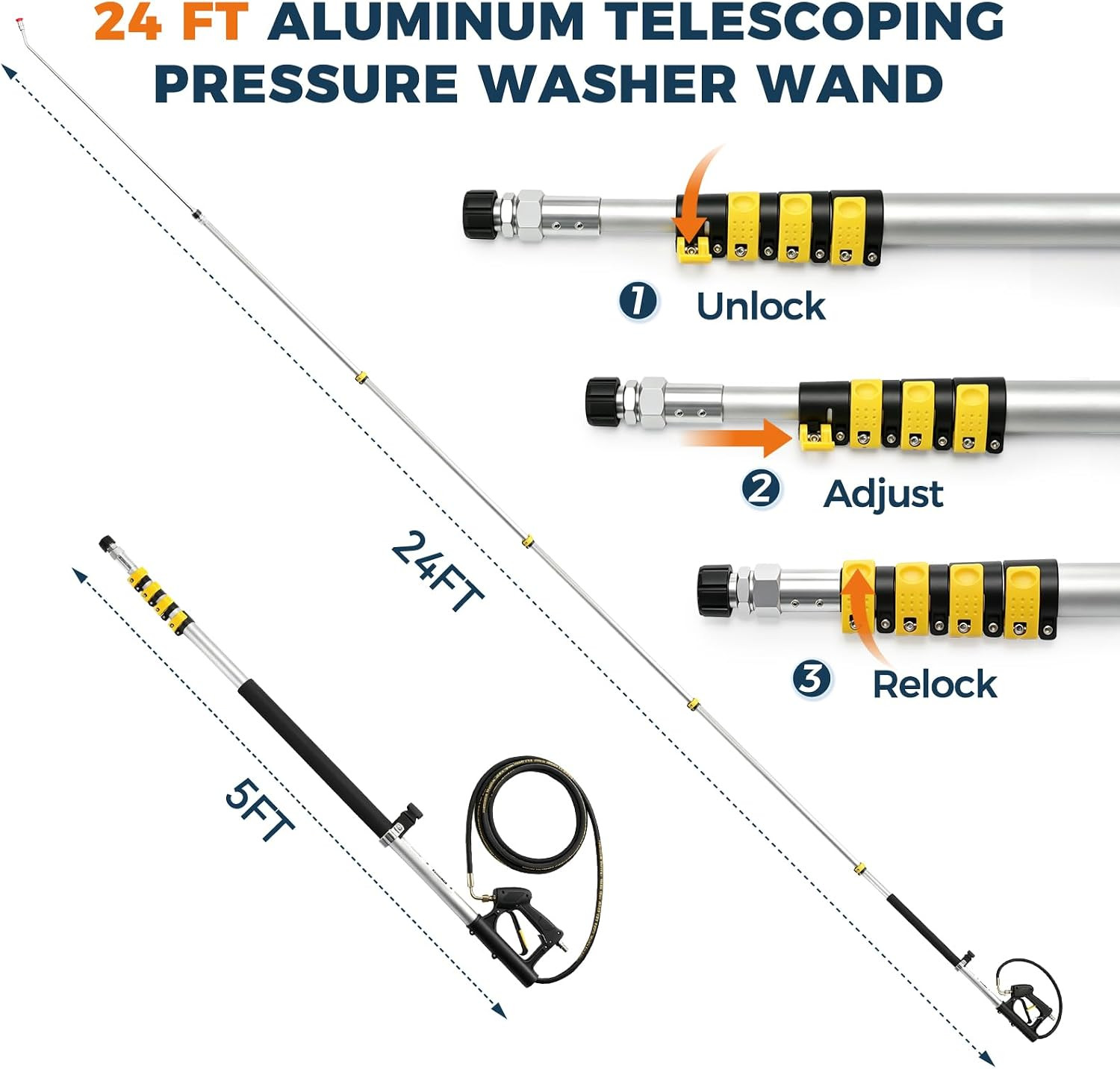 24 FT Aluminum Pressure Washer Telescoping Wand with 3 Pressure Washer Extension