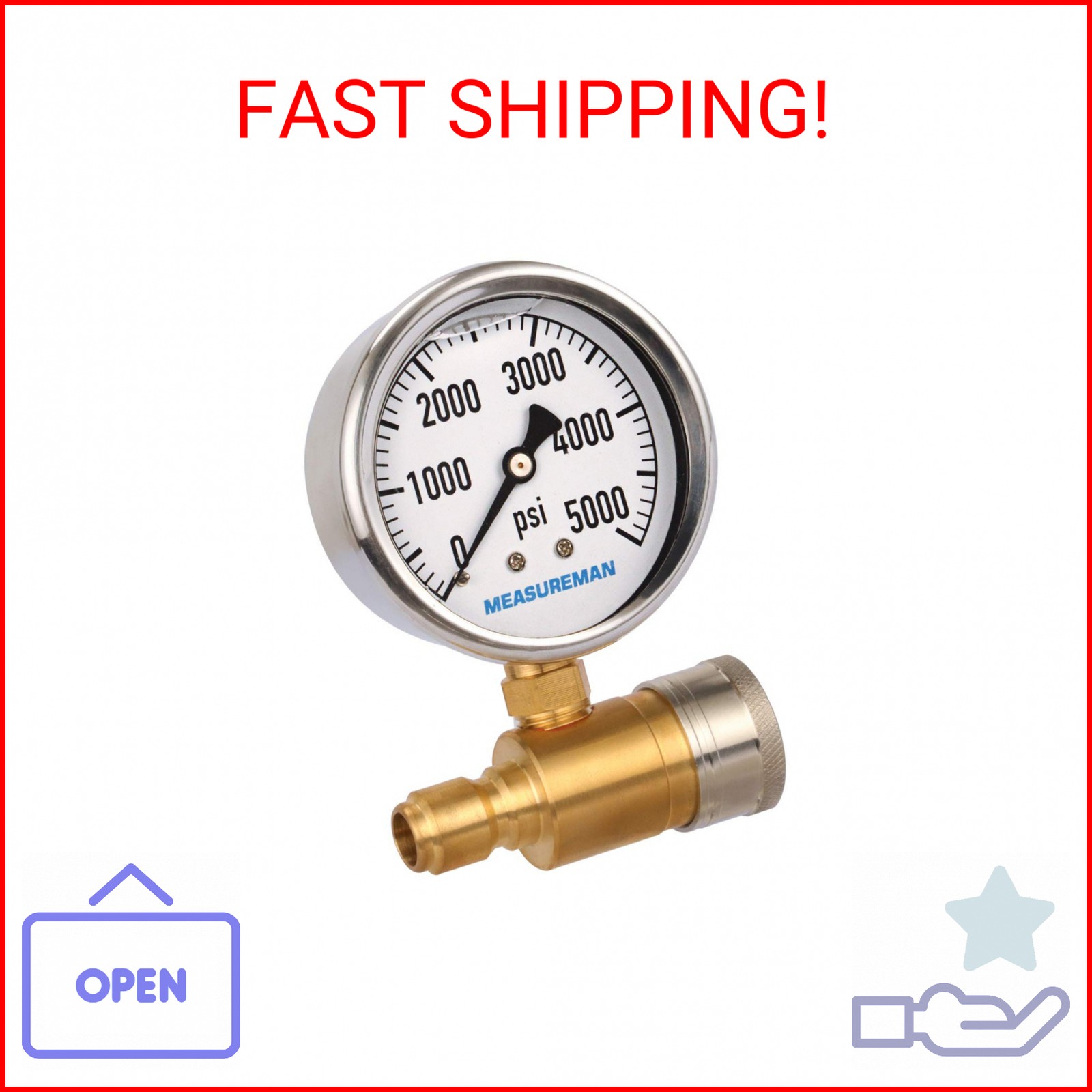 Measureman 2-1/2″ Pressure Washer Pressure Gauge Kit 3/8 Inch Quick Connect 0-50