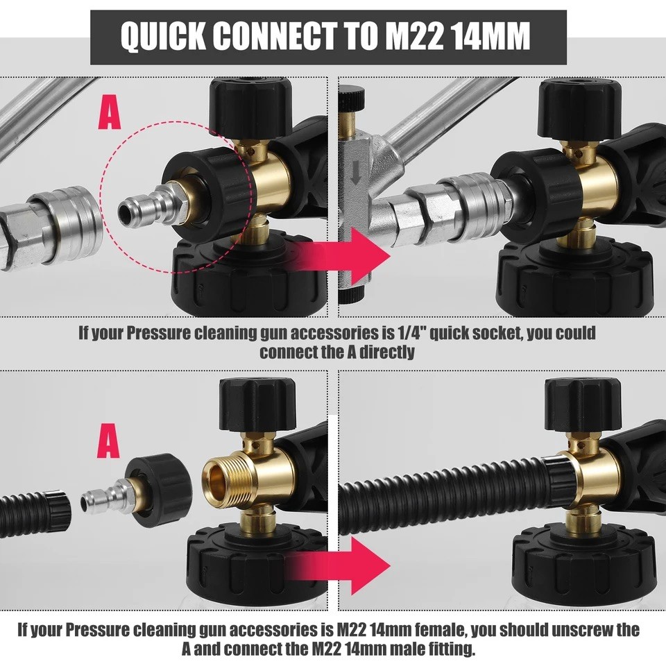 1/4″ High Pressure Washer Foam Cannon with Dual-Connector Double Tip Attachment