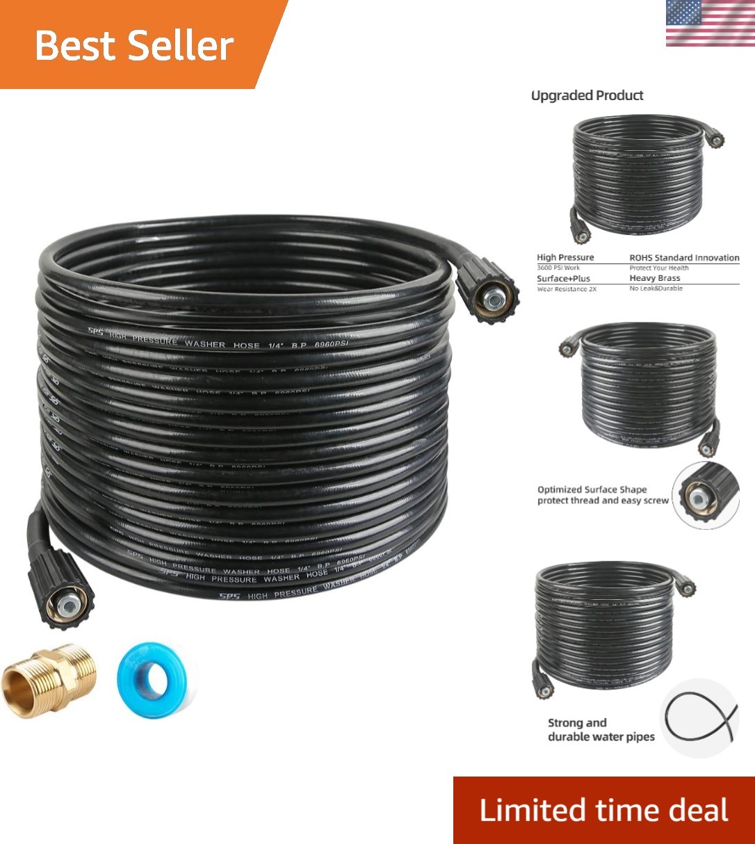 50 FT Pressure Washer Hose – 3600 PSI, For M22 14mm & 15mm Connectors