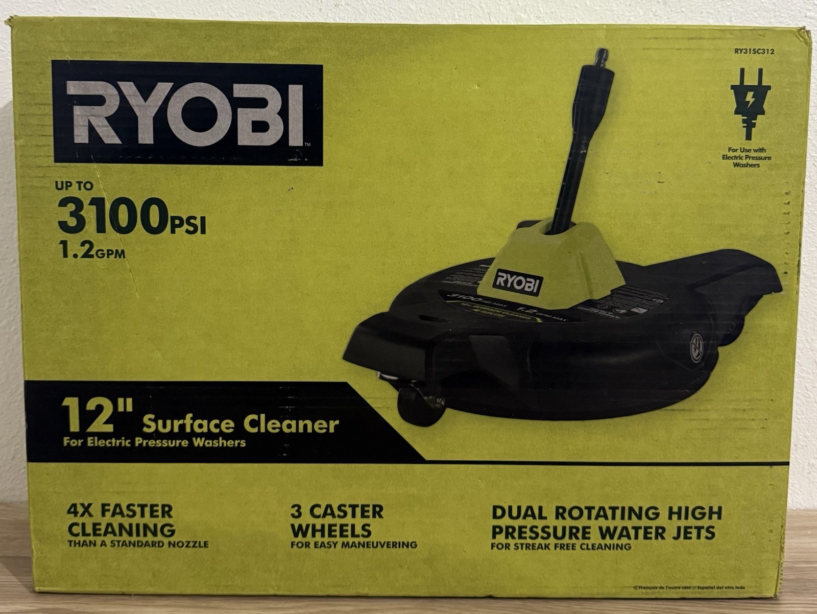 RYOBI 12 in. 3100 PSI Electric Pressure Washer Surface Cleaner with Caster