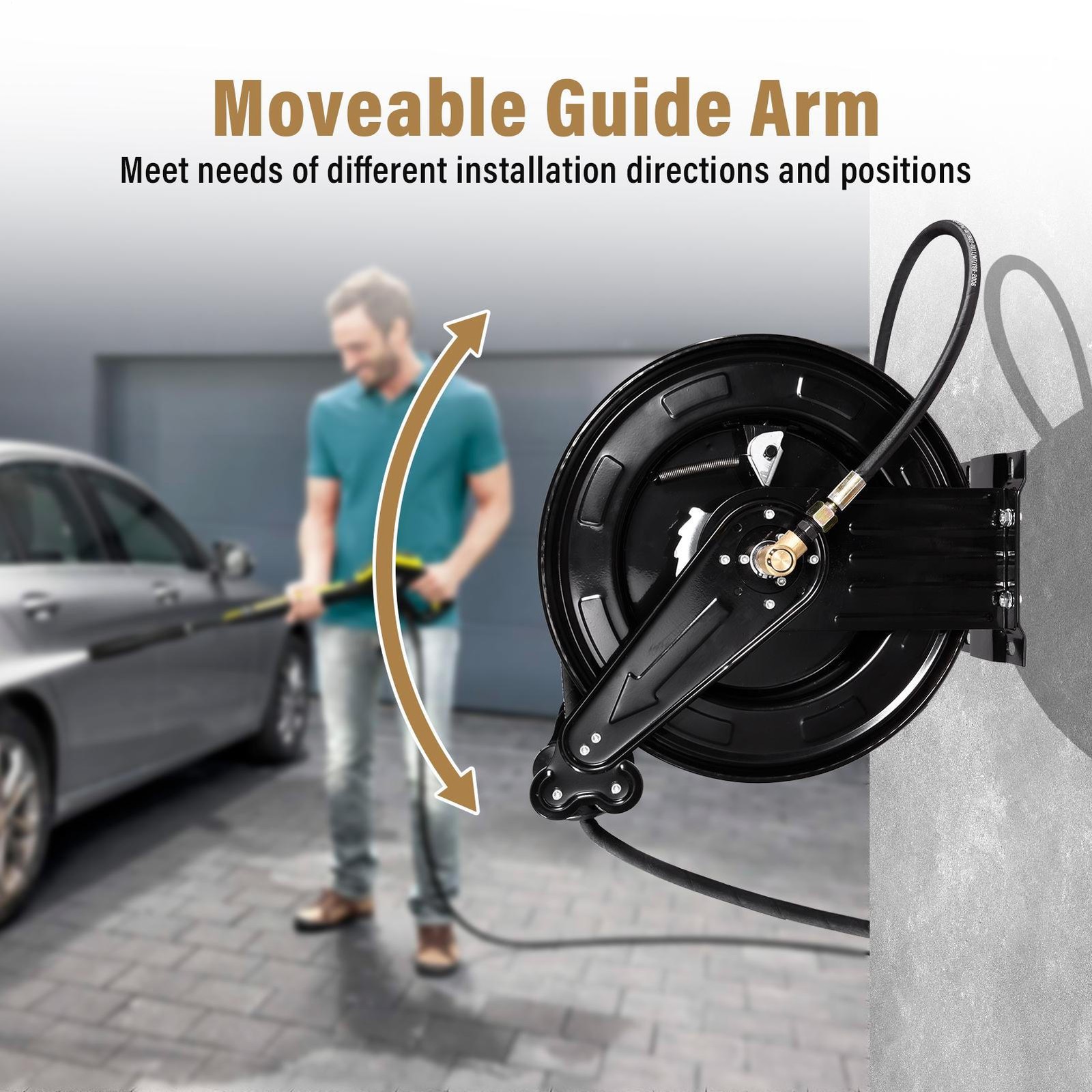 50FT x 3/8″ Auto-Retractable Pressure Washer Hose Reel, Heavy Duty Double Arm