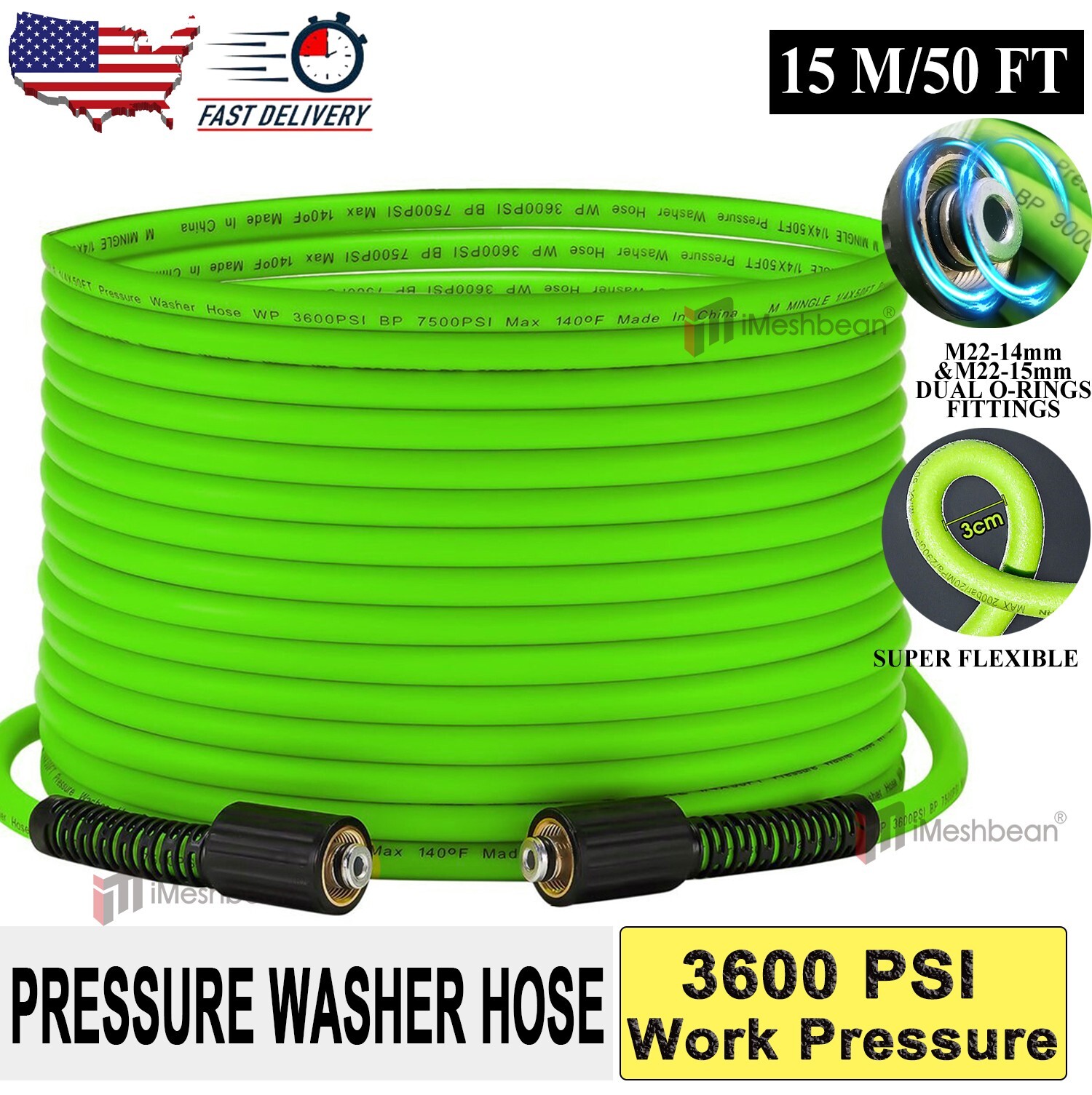 3600PSI High Pressure Power Washer Hose M22-14mm&15mm Super Flexible Extension