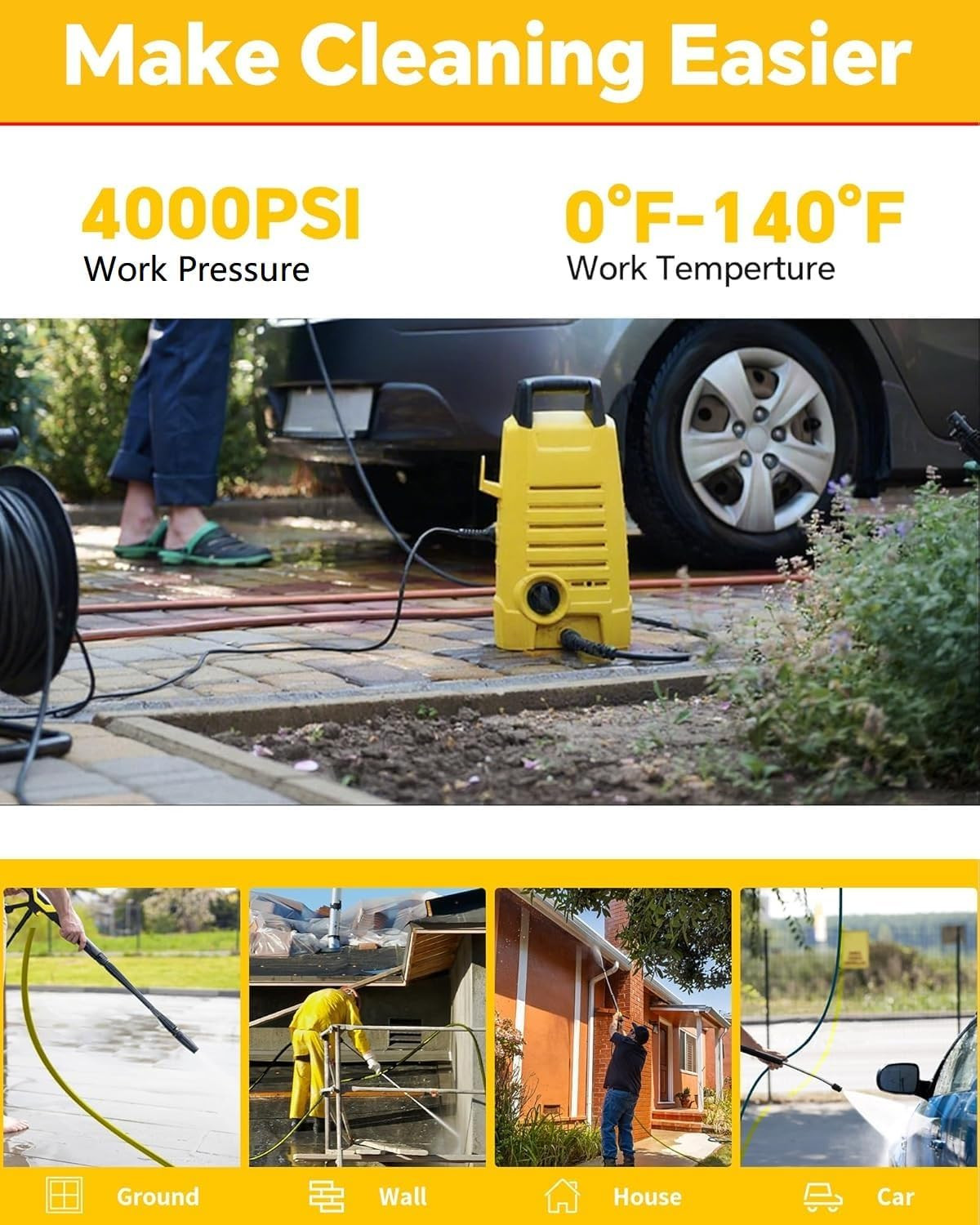 100Ft Pressue Washer Hose 4000 PSI, High Power Washing Hose, Replacement Hose wi