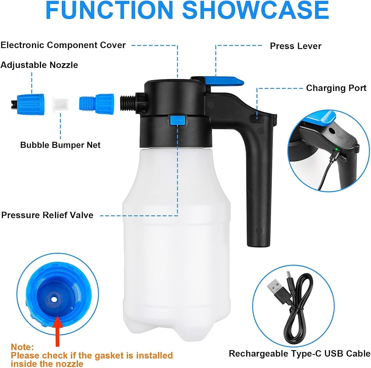 Electric Car Foam Sprayer 1.5L, for Wash with USB white+blue