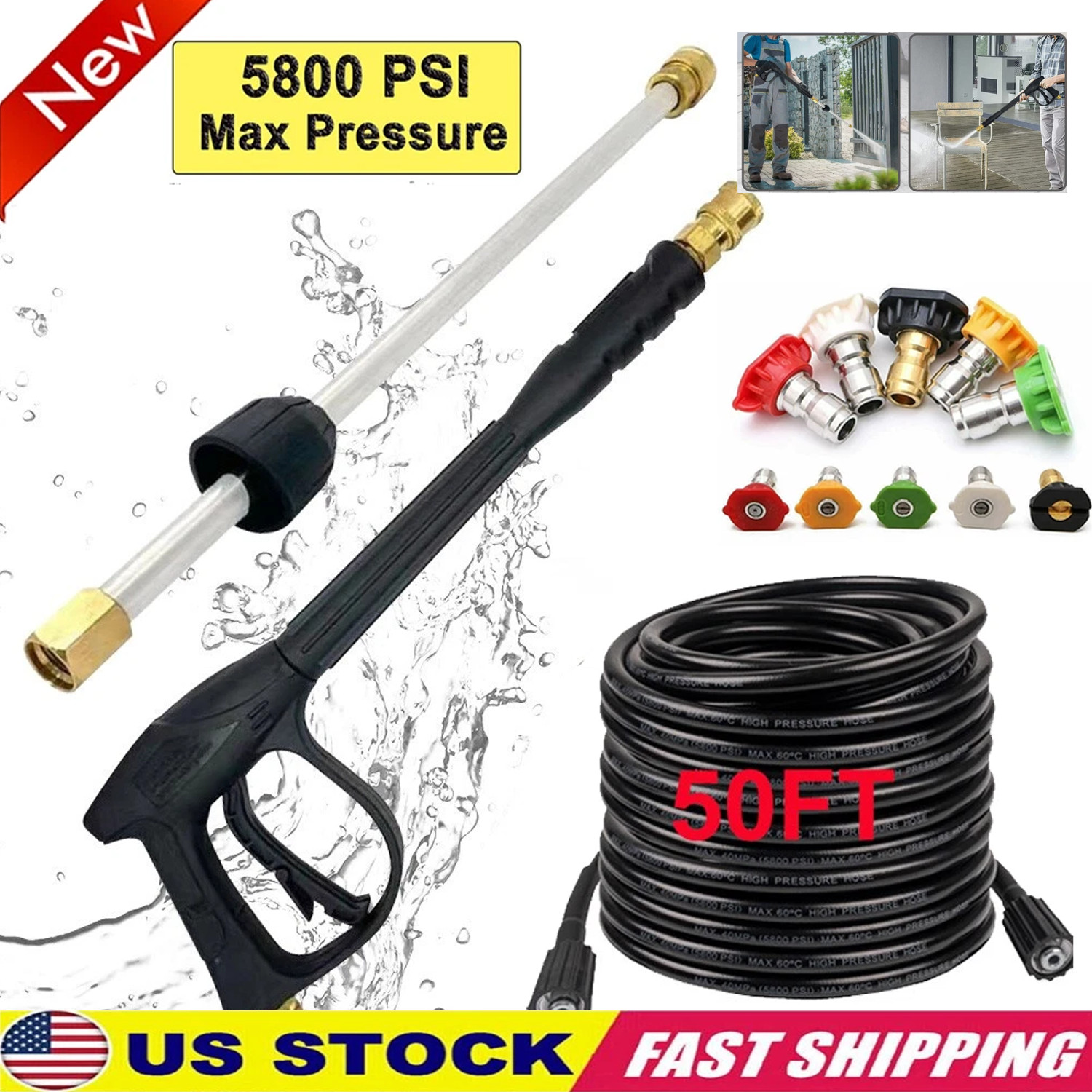 High Pressure 4000PSI Car Power Washer Gun Spray Wand Lance Nozzle and Hose Kits