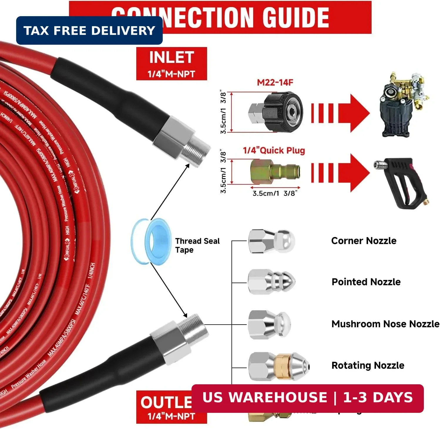 NIFUAL Sewer Jetter Kit for Pressure Washer,50FT 5800PSI Pressure Drain Cleaner