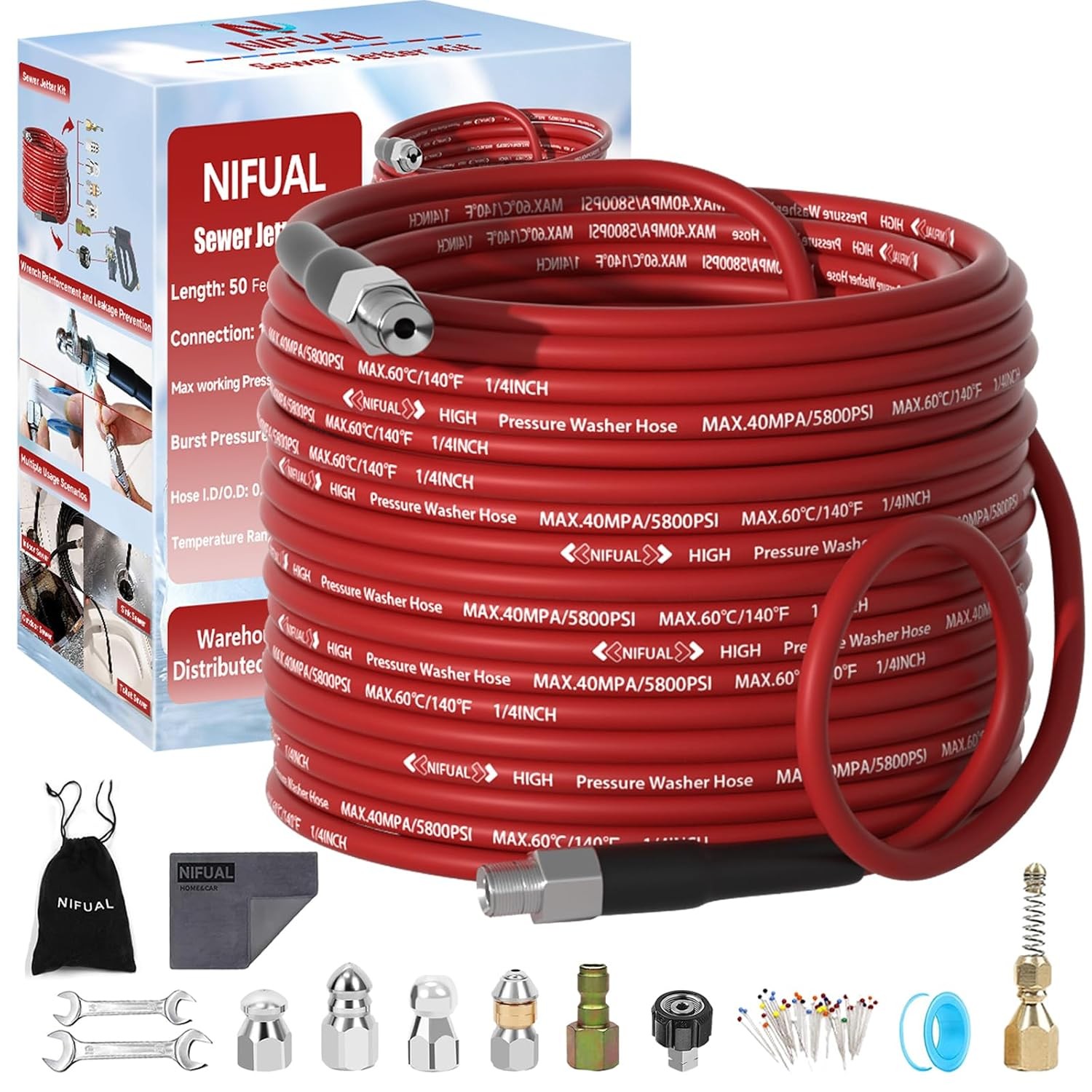 5800PSI 50FT Sewer Jetter Kit Pressure Washer Drain Cleaner for Sewer Cleaning