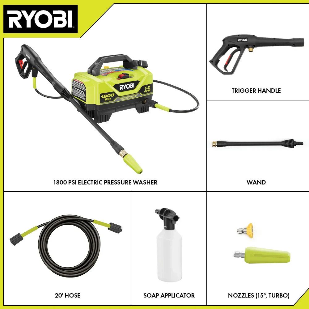 RYOBI 1800 PSI Corded Electric Cold Water Pressure Washer, On-Board Storage