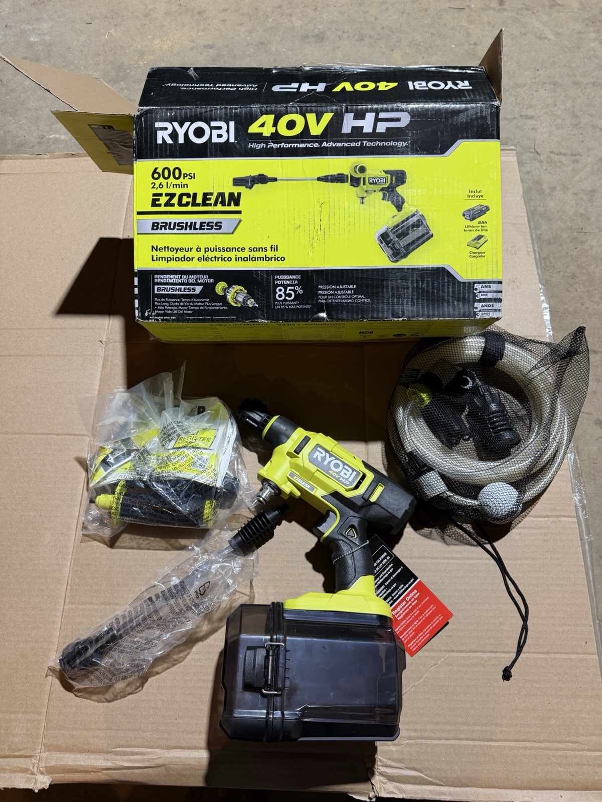 Ryobi 40V HP EZClean 600 PSI Brushless Cold Water Pressure Washer Hose-Tool Only