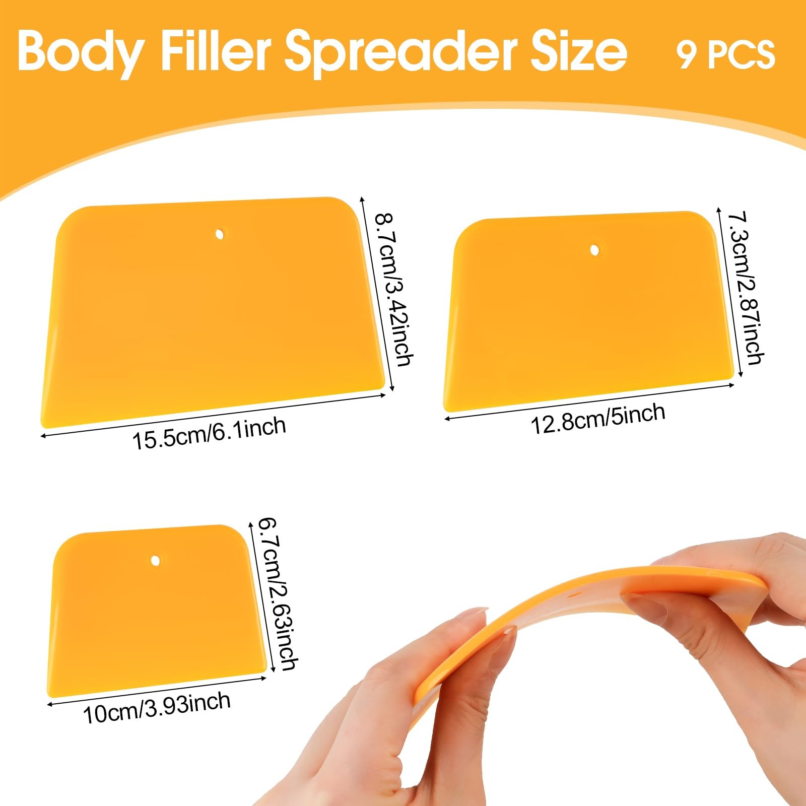 PEASUG Body Filler Spreader, 9 Pack Reusable Plastic 4″, 5″ and 6″, orange