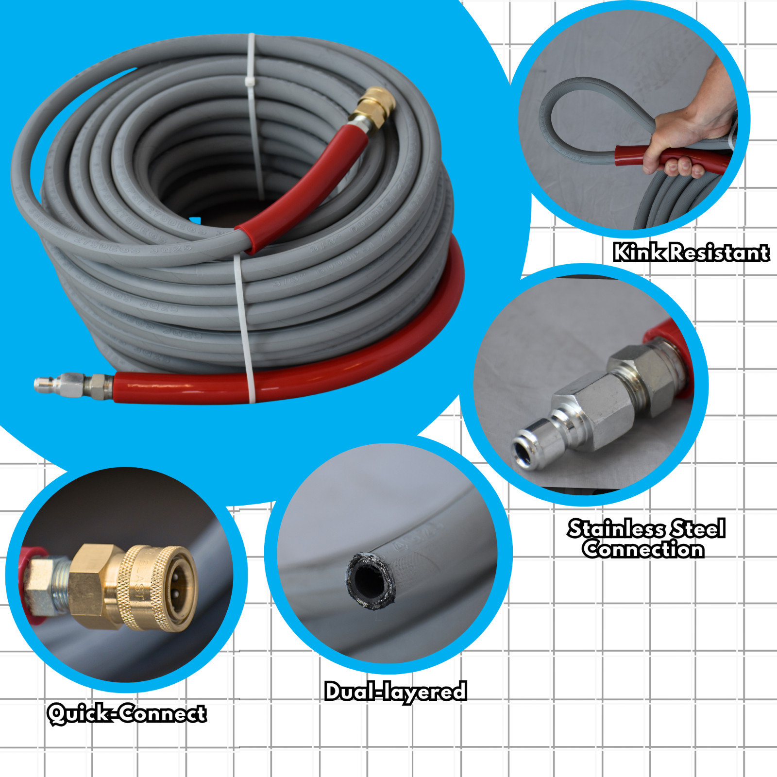Raptor Blast 3/8″ x 100ft Pressure Washer Hose 6000 PSI Gray Non-Marking USA