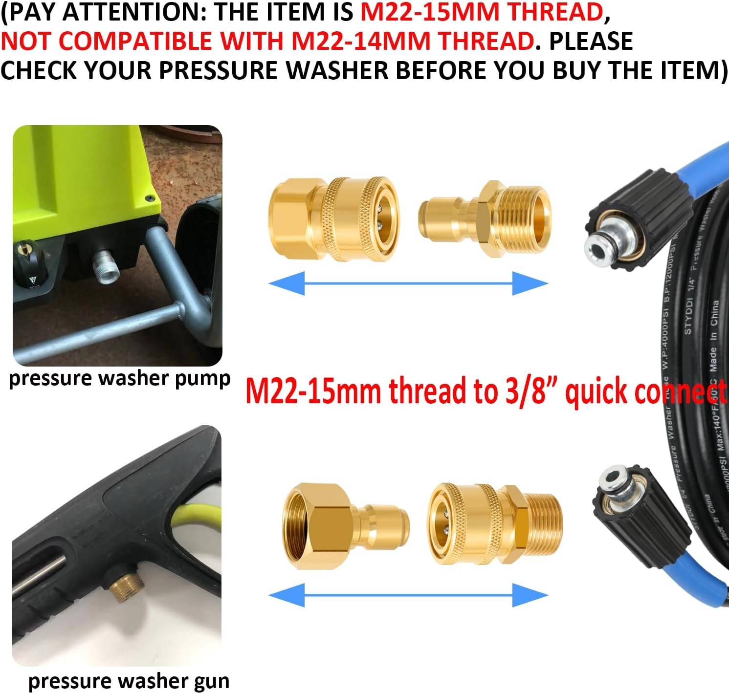 4x Pressure Washer Adapters Set Quick Disconnect Kit M22 Swivel to 3/8” Connect