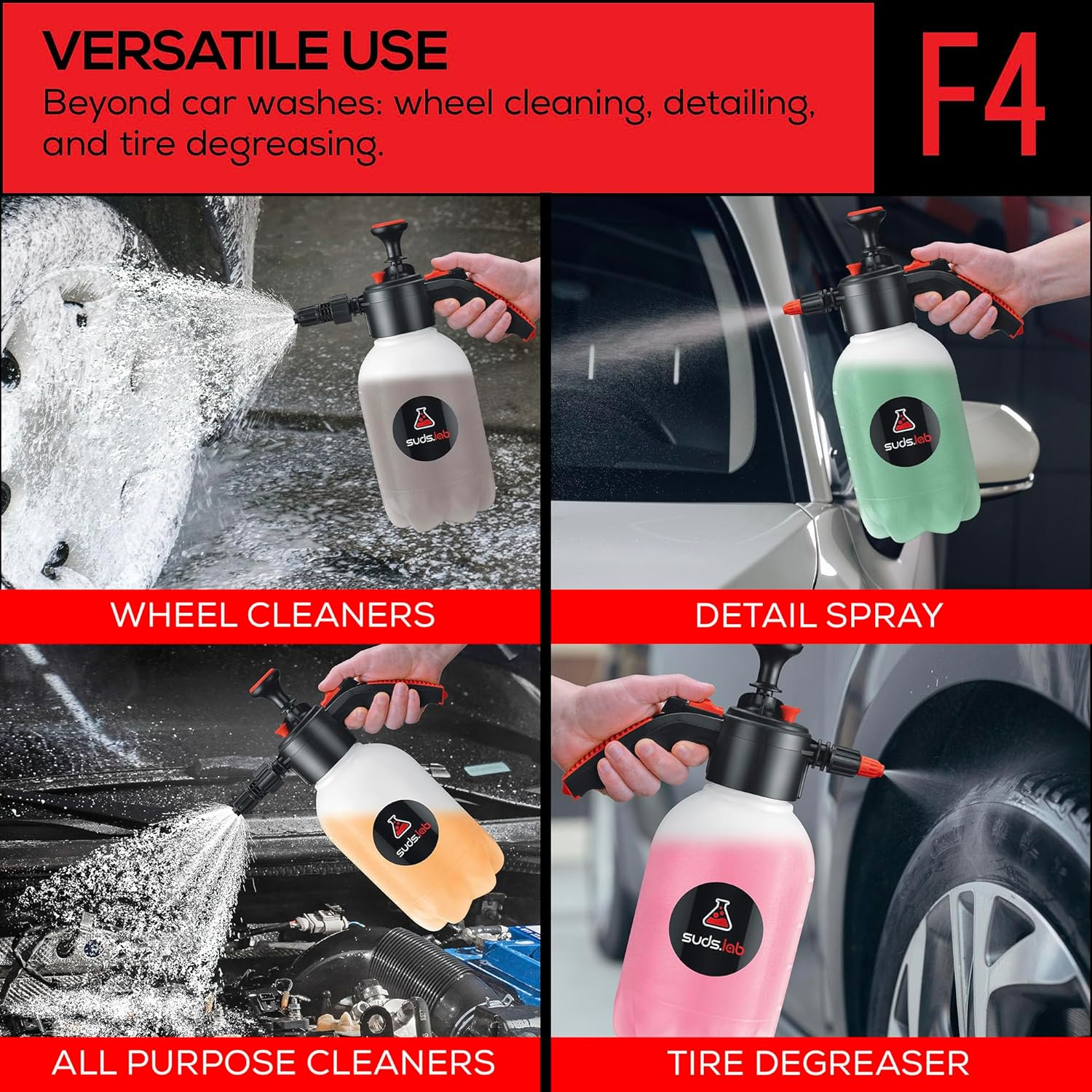 Suds Lab F4 Foaming Pump Sprayer with 70 Oz UV Resistant Canister & Ergonomic Ha