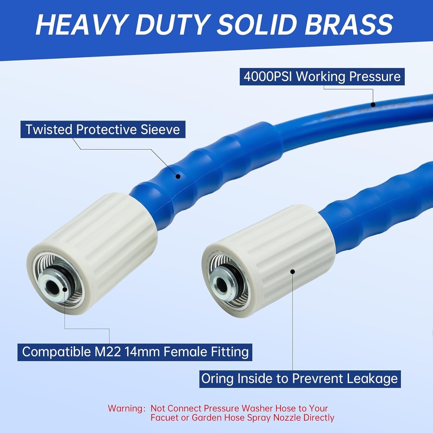 Pressure Washer Hose 50 FT x 1/4″，Kink Resistant Power Washer Hose with M22-1…