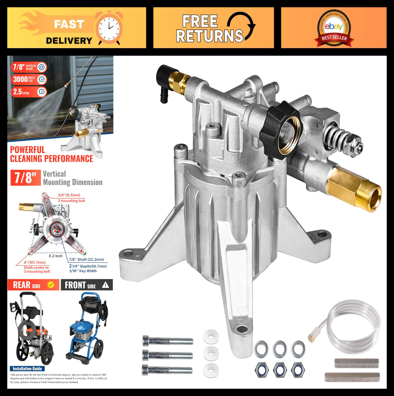 7/8″ Shaft Vertical Pressure Washer Pump 3000 PSI @ 2.5 GPM Replacement for Powe